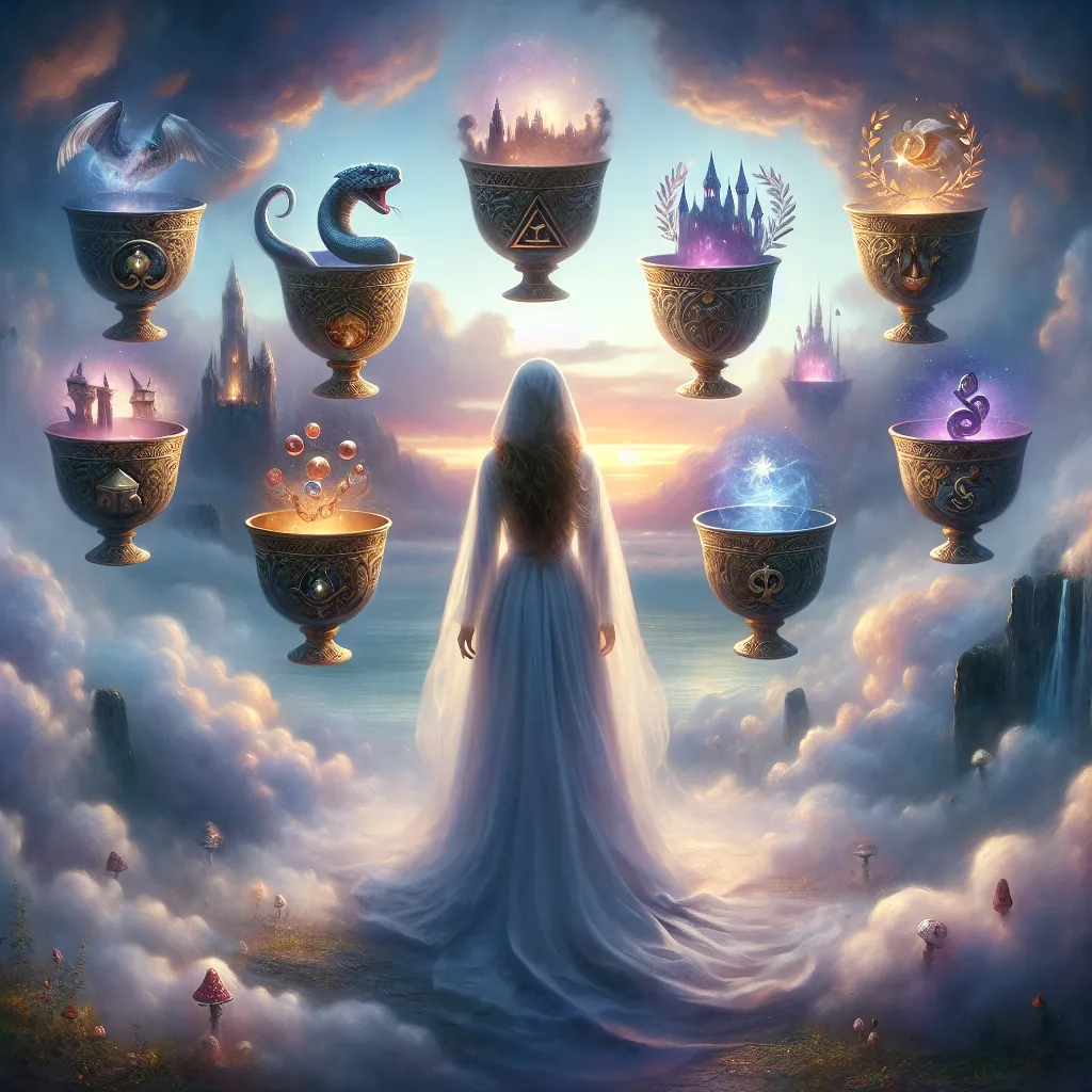 An ethereal figure stands amidst a swirling mist, gazing intently at seven ornate cups floating in the air. Each cup contains a fantastical vision—one with a serpent, another with a glowing castle, a mysterious hooded figure, a pile of jewels, a shining laurel wreath, a fierce dragon, and a radiant star. The background is a dreamy, surreal landscape bathed in soft twilight colors, evoking a sense of wonder and introspection. The scene captures the theme of choices and illusions, with a mystical and timeless aura.