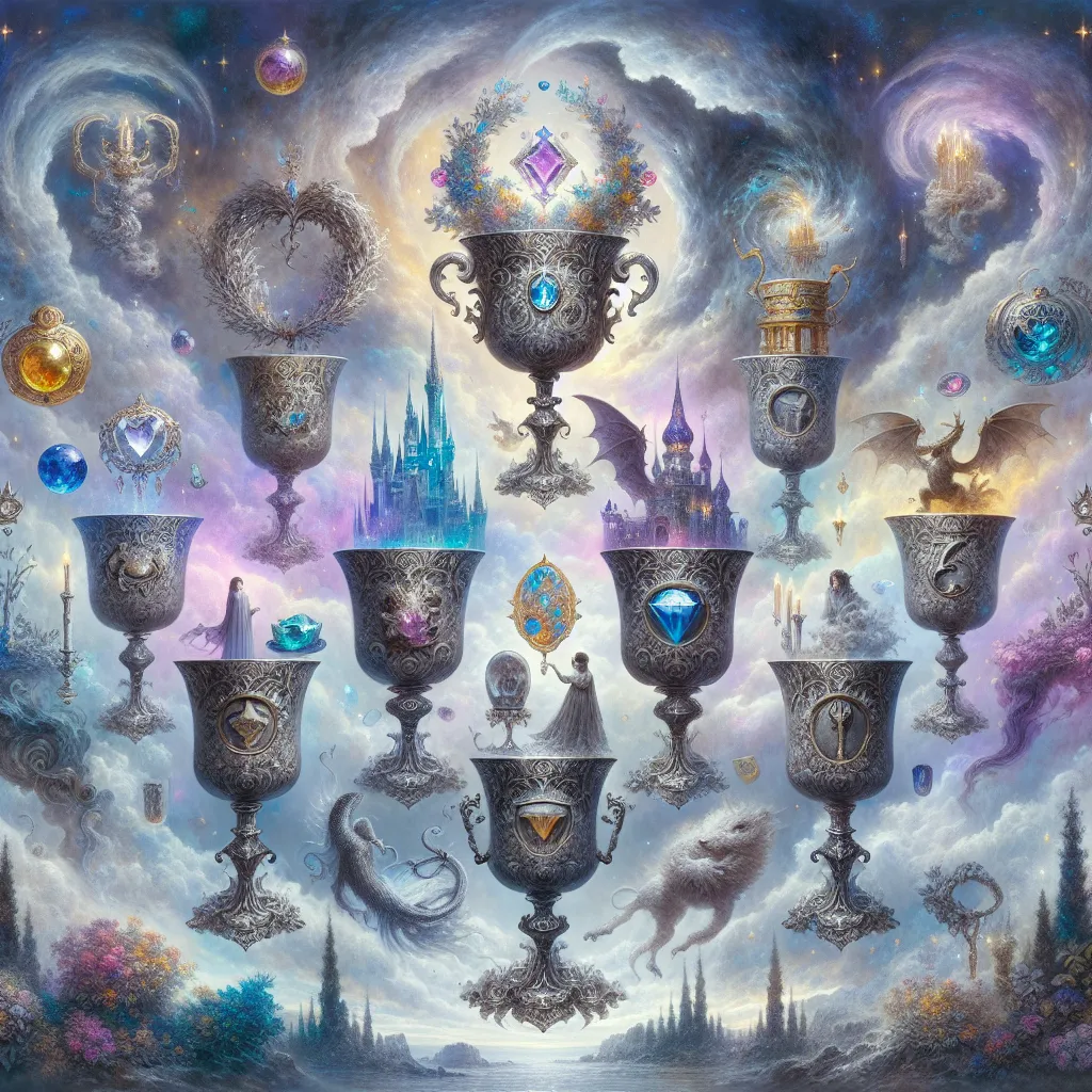 Create an intricate and mystical scene depicting the Seven of Cups tarot card. The image features seven ornate cups floating amidst a dreamy, ethereal landscape. Each cup contains a different symbolic item: a glittering jewel, a castle, a wreath of laurels, a mysterious dragon, a veiled figure, a serpent, and a shrouded mask. The background is misty and whimsical, filled with swirling colors of blue, purple, and silver. The mood is enchanting yet slightly mysterious, capturing the allure and danger of choice and illusion inherent in the card's meaning.