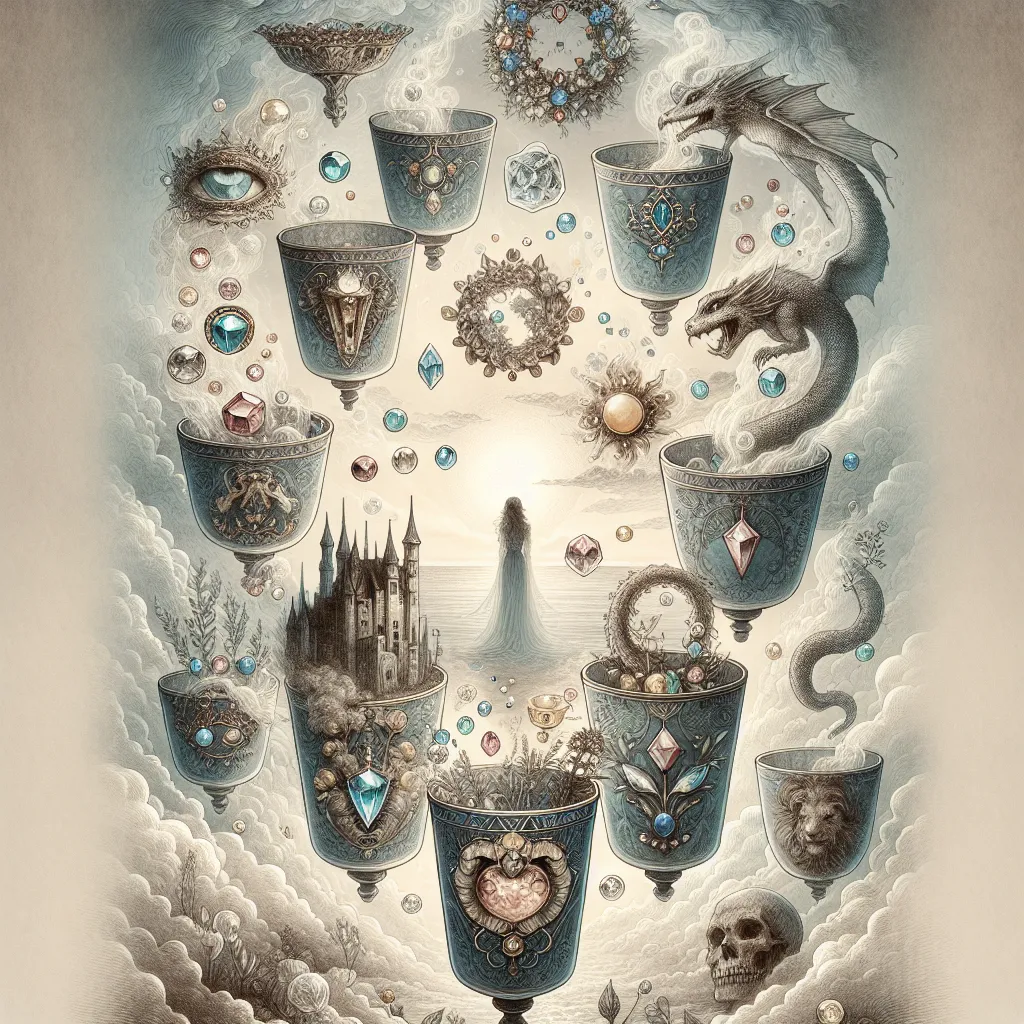 Create an intricate digital illustration of the Seven of Cups tarot card. Depict a mystical scene featuring seven floating cups, each filled with symbolic objects like jewels, a castle, a dragon, a wreath, a snake, a mask, and a mysterious figure partially obscured by mist. The background should be ethereal and dreamlike, with a sense of mystery and allure, reflecting the theme of choices and illusions. Include subtle nods to classic tarot imagery, such as soft colors and an air of enchantment.