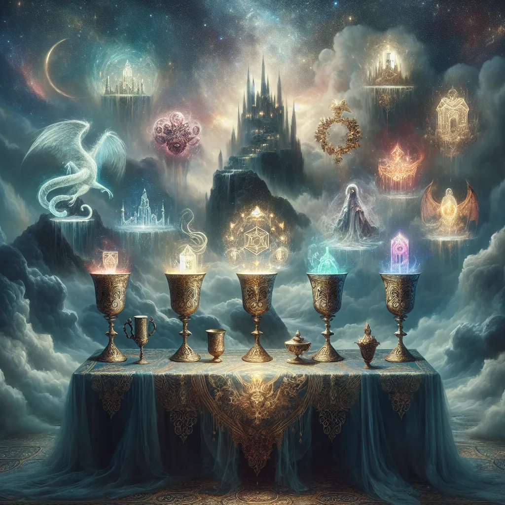 Create a fantastical scene depicting a mystical table set against a dreamlike backdrop. On the table, seven ornate cups are displayed, each filled with different symbolic visions such as a castle, a serpent, a figure cloaked in mystery, a shining gem, an opulent wreath, a dragon, and a luminous figure. The setting should evoke a sense of wonder and contemplation, with ethereal mist swirling around the cups. The background is a blend of ethereal clouds and shimmering stars, adding to the sense of limitless possibilities and dreams. The overall tone should be enchanting and slightly surreal, capturing the allure of the Seven of Cups tarot imagery.