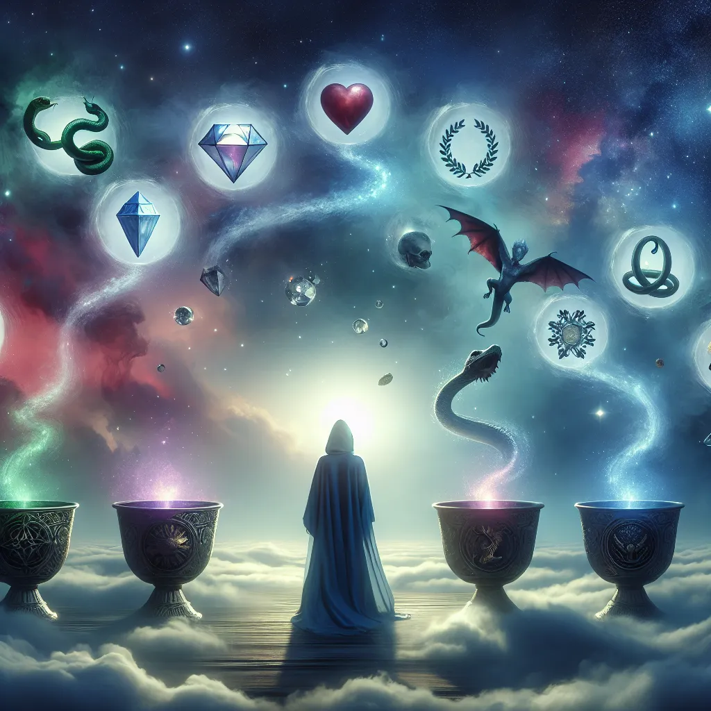 Create an ethereal and mystical depiction of a figure standing before seven floating cups, each containing different symbols: a castle, jewels, a snake, a laurel wreath, a dragon, a shrouded figure, and a gleaming heart. The setting should be dreamy, with a swirling mist and a starry night sky. The figure appears contemplative, surrounded by the illusion of endless possibilities. The atmosphere should be one of wonder, introspection, and choice, capturing both allure and complexity.