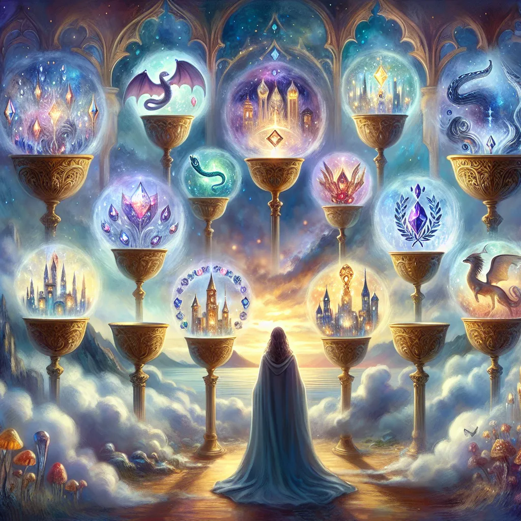 Create an image depicting the Seven of Cups from tarot. Illustrate a dreamlike scene where a central figure gazes at seven ornate and overflowing cups. Each cup contains an ethereal vision—such as a glowing castle, a shimmering snake, radiant jewels, a mysterious dragon, an angelic figure, a laurel wreath of victory, and a mask symbolizing hidden truths. The background is a misty landscape evoking a sense of fantasy and wonder, with ethereal colors like blues, purples, and golds blending together in an otherworldly atmosphere.