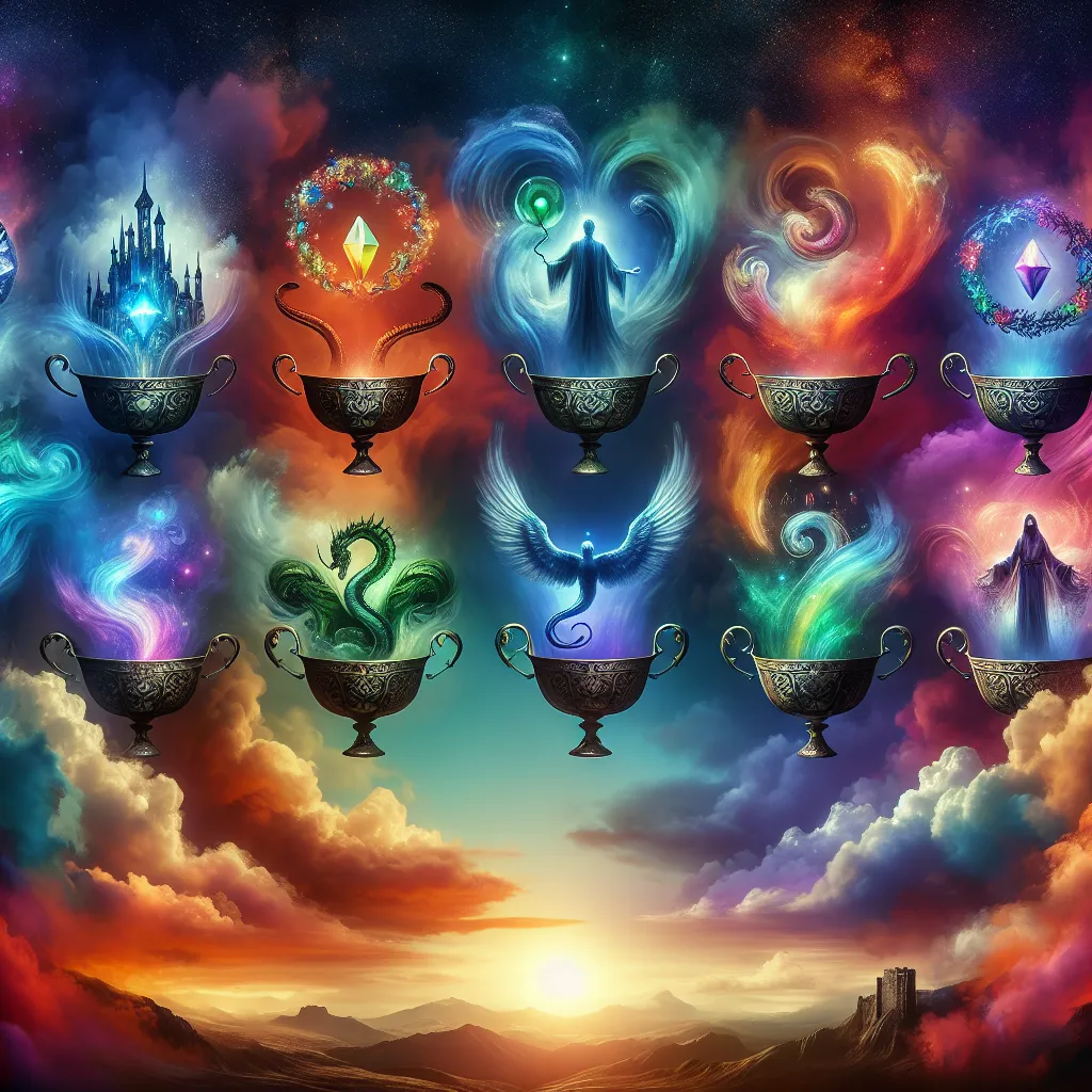 Create an image of a mystical and ethereal landscape where seven ornate cups float in the air. Each cup contains a different symbol: a gleaming jewel, a serpent, a castle, a dragon, a wreath, a shrouded figure, and a burst of rainbow colors. Vibrant clouds and a twilight sky create a magical, dream-like atmosphere, hinting at both the allure and the illusion of choices.