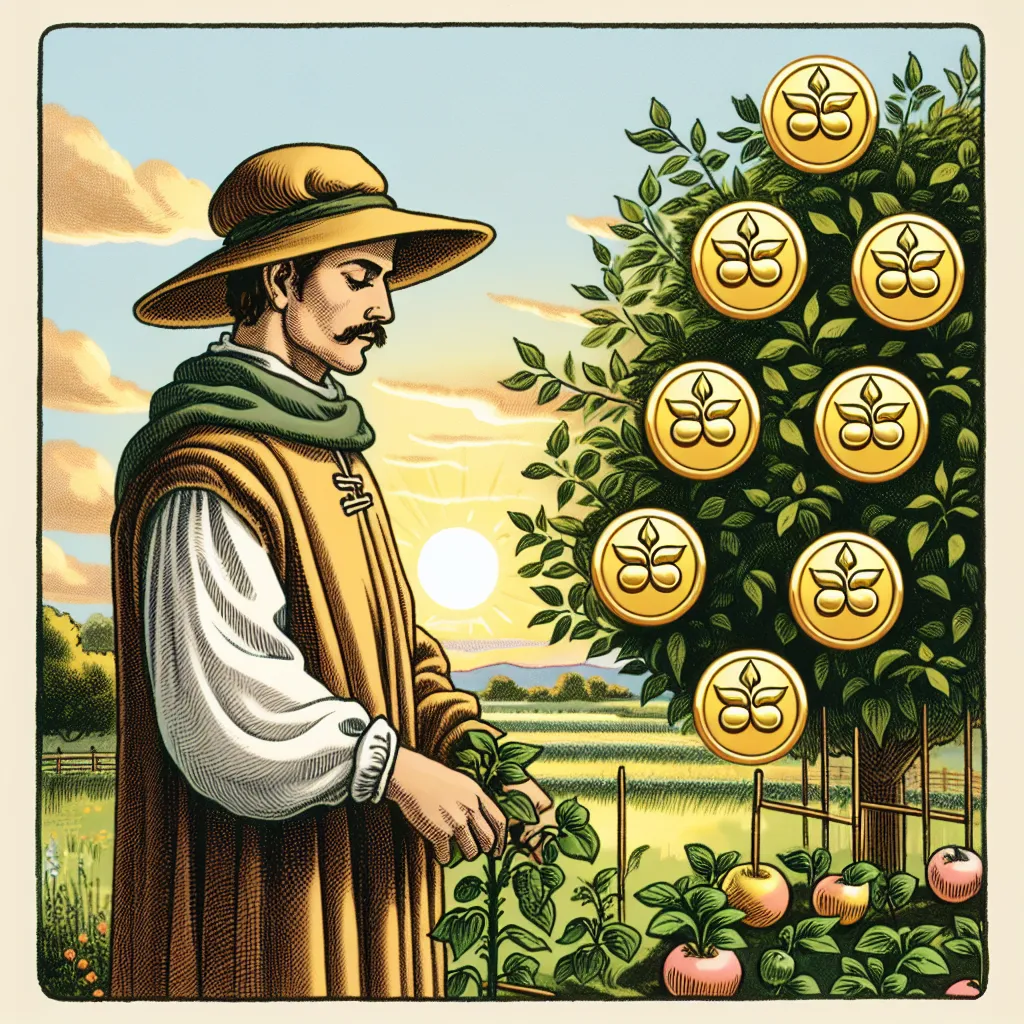 A graphic representation of the Seven of Pentacles tarot card. The card depicts a mature person dressed as a diligent medieval gardener wearing humble clothing and a soft hat. The gardener can be a Hispanic man. He is attentively observing seven golden pentacles frequently found in tarot decks representing the fruits of his hard work, which are growing on a flourishing green tree in a serene garden. The background is a peaceful countryside scene during the setting sun.