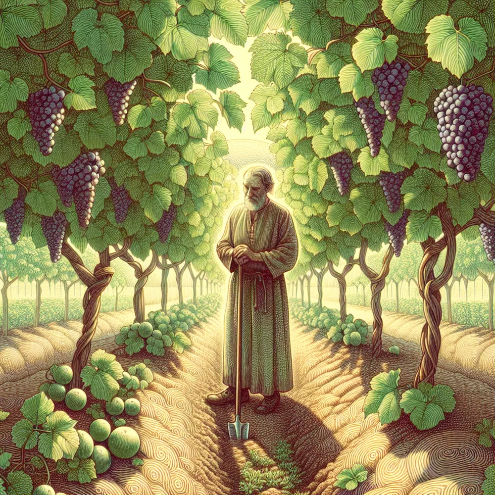 Create an intricate illustration of a serene gardener in a lush vineyard, taking a reflective pause. The scene should show vibrant grapevines laden with ripening fruit, symbolizing growth and patience. The gardener, a wise-looking figure of indeterminate gender, gazes contemplatively at their work, embodying resilience and diligence. Soft sunlight filters through the leaves, casting gentle patterns on the soil, enhancing the peaceful, introspective atmosphere of this moment of cultivation and assessment.