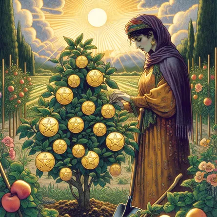 Craft a serene and contemplative scene depicting a tarot-inspired concept: the Seven of Pentacles. The central figure, a Middle-Eastern woman, stands amidst a lush garden, taking a pause from her work. She's portrayed assessing a bountiful bush, bearing pentacles like golden fruits, which symbolize fruitful investments and growth. Her face holds an expression of patience and introspection, adorned with a subtle smile of inner satisfaction. The backdrop features the sun setting, casting a heartening golden glow over the entire scene, emphasizing a mood of reflection and expectations. The atmosphere constructed should epitomize tranquility, nurturing, patience, and forthcoming rewards.