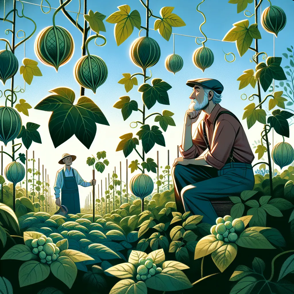 Illustrate a thoughtful gardener standing amidst a lush garden, gazing thoughtfully at clusters of ripe pentacles hanging from sturdy vines. The scene is set under a clear blue sky, with the sun softly illuminating the gardener's serene and contemplative expression. The image should convey a sense of patience, growth, and reflection, with the garden flourishing around the gardener, symbolizing the fruition of careful and diligent work.