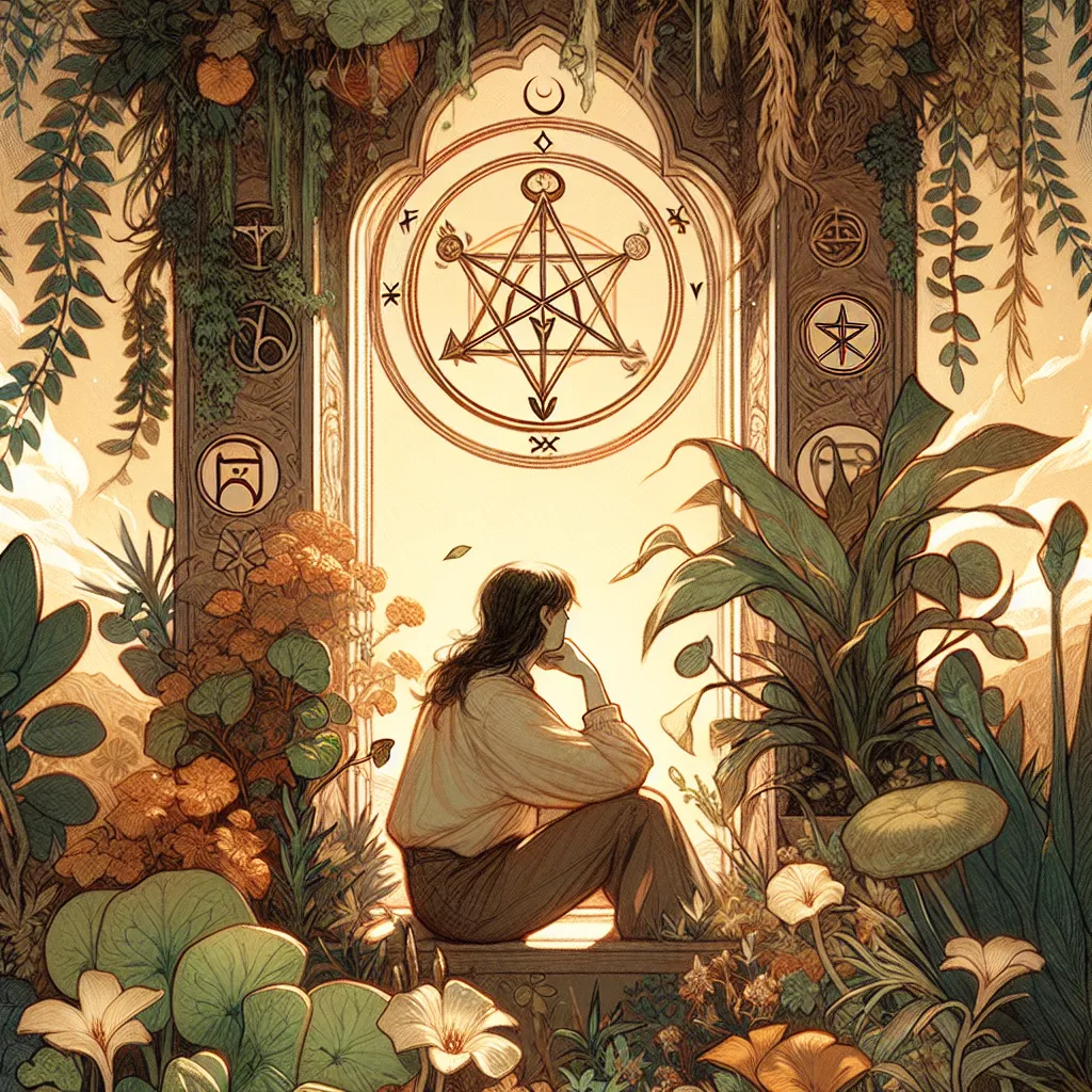 Create an artistic representation of the Seven of Pentacles tarot card. Show a serene, contemplative person in a lush garden, surrounded by flourishing plants and pentacle symbols intertwined with the foliage. The individual appears to be deep in thought, assessing the growth and fruits of their labor. The scene should capture a sense of patience, reflection, and the promise of future rewards. Use warm, earthy tones and natural lighting to evoke a feeling of tranquility and anticipation.
