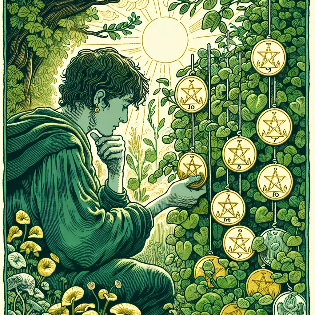 Create an intricate tarot card illustration of the Seven of Pentacles. Depict a thoughtful figure pausing in a lush garden, examining the growth of seven pentacles hanging on vibrant green plants. The scene is tranquil and lush, evoking patience and reflection under a gentle sunlight. The figure appears contemplative, embodying a sense of quiet anticipation and hard-earned diligence. Include classic tarot-style details and a harmonious color palette of green and gold.