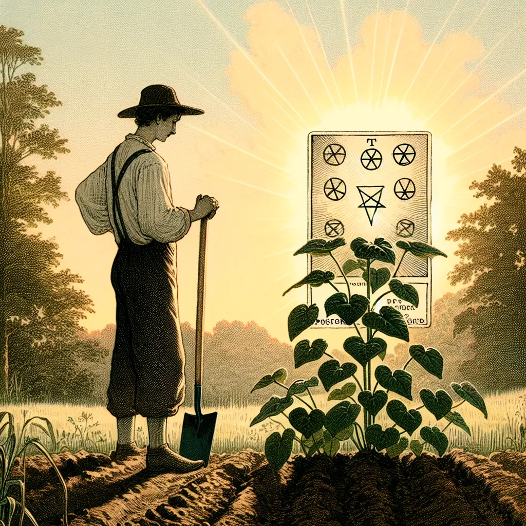 Illustrate an individual in a lush garden, attentively studying a thriving plant adorned with seven shining pentacles. The figure, dressed in simple, timeless attire, leans thoughtfully on a hoe. Above them, the sky hints at early morning light breaking through, symbolizing new beginnings. The scene captures a peaceful, contemplative aura, embodying the wisdom of patience and the promise of harvest yet to come.