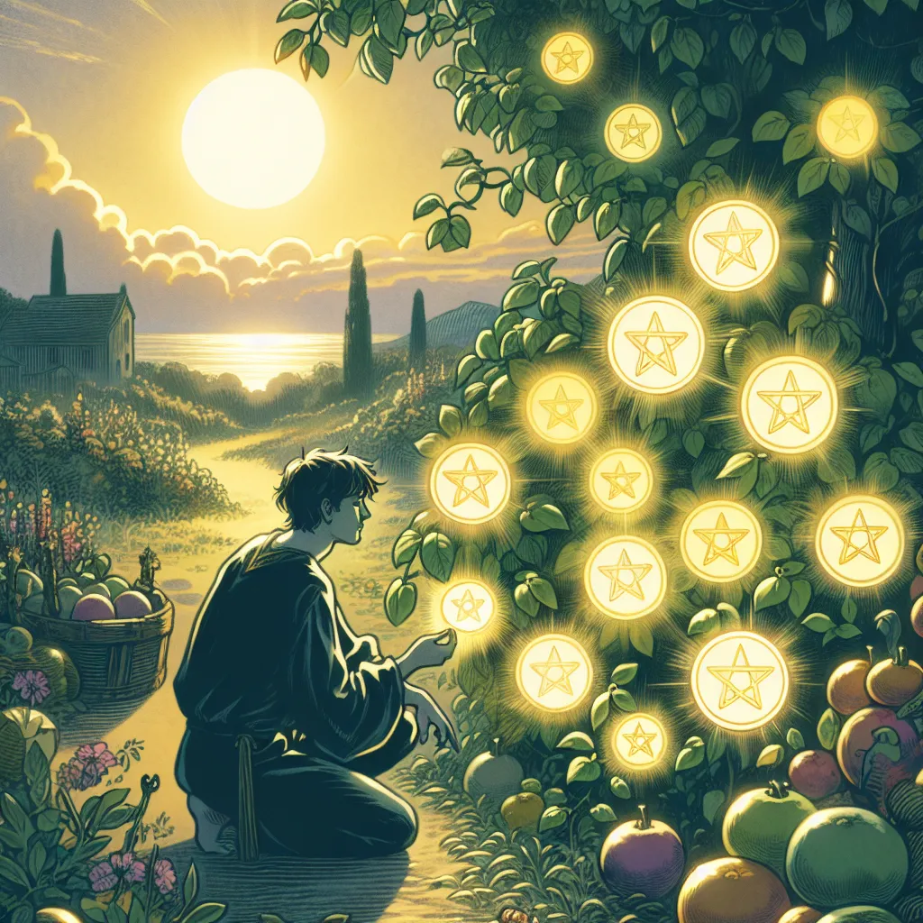 Create an artistic illustration of the Seven of Pentacles tarot card. The scene depicts a contemplative figure in a lush garden, admiring a patch of glowing pentacle-shaped fruits growing on a vine. The background shows a softly lit sunrise, symbolizing hope and new beginnings. The figure appears thoughtful and serene, embodying the themes of reflection and patient cultivation. The atmosphere should be tranquil and harmonious, highlighting the balance between effort and reward.
