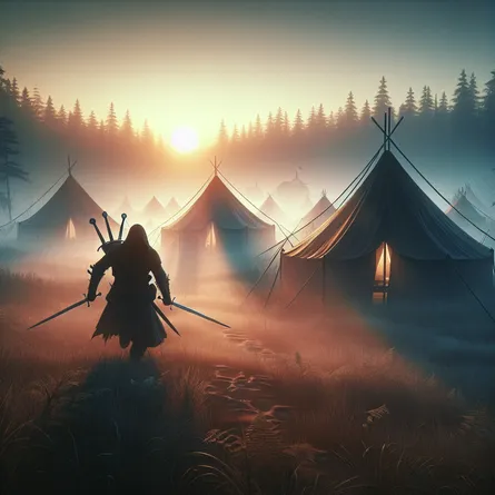 Create an illustration of a mysterious figure at dawn, quietly sneaking away from a sprawling medieval camp with several swords in hand. The scene should capture a sense of stealth and secrecy, emphasizing the early morning mist and the soft orange glow of the rising sun casting long shadows. Add subtle details to convey an atmosphere of cunning strategy, such as footprints left in the dew-covered grass and a faint silhouette of the camp in the background. The overall mood should be one of silent, calculated movement.