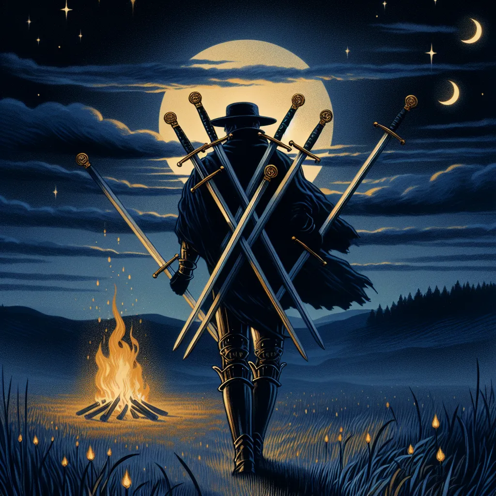 Create a captivating and symbolic illustration of the Seven of Swords tarot card. Depict a figure clad in dark, stealthy attire, tiptoeing at dusk with five swords held in their arms, glancing back towards a distant campfire in the background. The scene is set in a moonlit field, with long shadows cast by the flickering flames. The atmosphere should convey themes of secrecy, stealth, and reflection, with elements of stoic philosophy, encouraging self-examination and truthfulness. Emphasize an introspective mood using deep blues and contrasting gold tones.