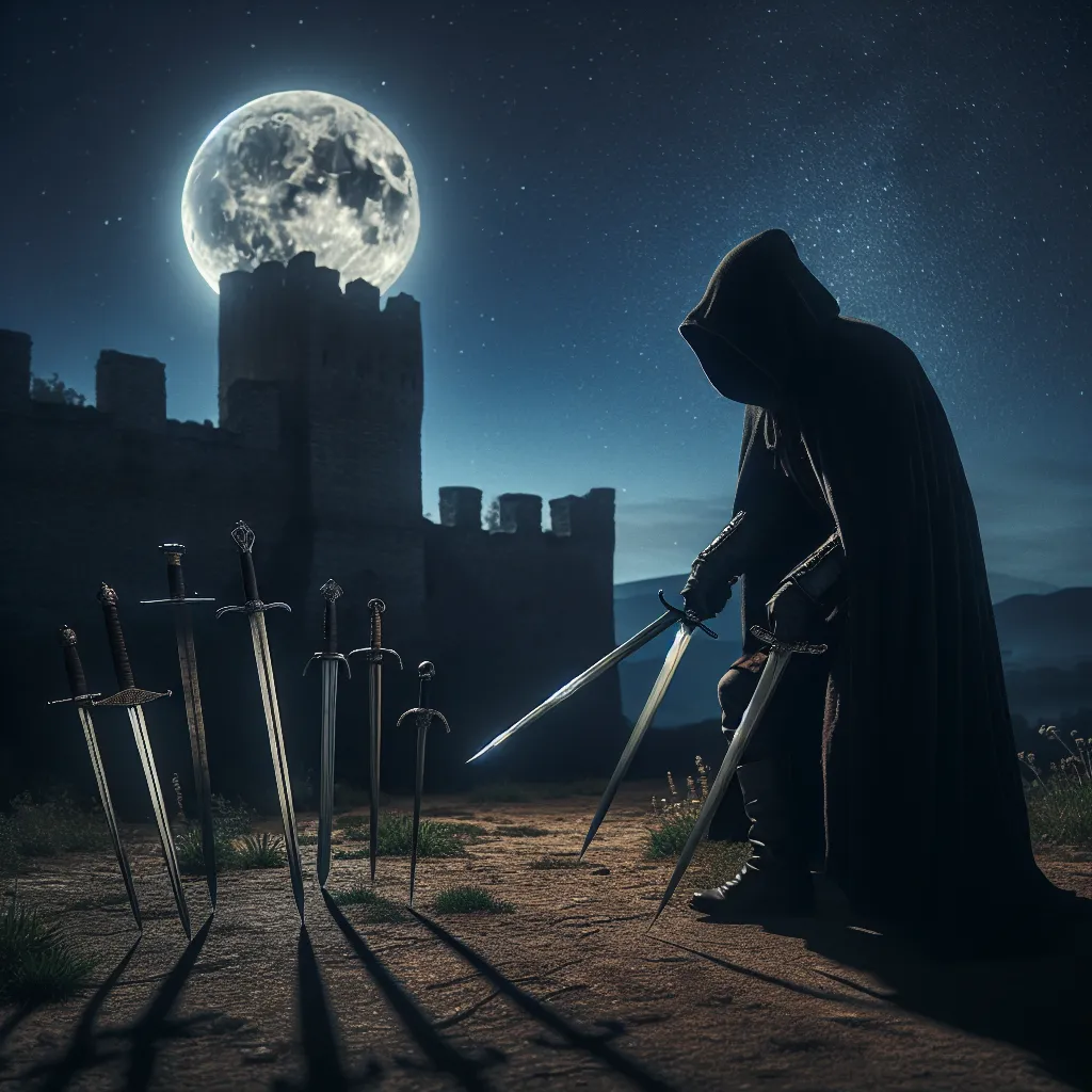 Create an image portraying a mysterious figure in a medieval setting, skillfully sneaking away with five out of seven swords under the moonlit night. The scene should convey an atmosphere of secrecy, with a backdrop of an ancient battleground or castle ruins. Include subtle cues of stealth and intrigue, such as the figure wearing a dark cloak and casting long shadows, while two swords remain grounded, shining softly under the night sky. Emphasize the balance between concealment and exposure, reflecting themes of cunning and hidden intentions.