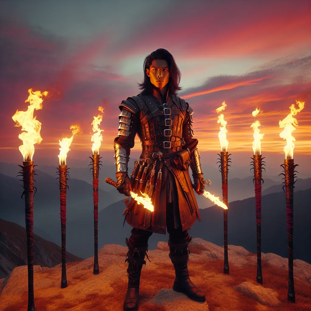 A standing fierce warrior of Asian descent, gender neutral, holding a brightly lit fire wand against a vibrant sunset backdrop, surrounded by six more wands. The warrior, standing on a mountain peak, exuding a sense of readiness and confidence. The warrior's garb includes sturdy leather armor, accented with metal plating, while their eyes glare with steely determination. The sunset casts rust-orange hues, painting the sky with strokes of pink, purple and red. The wands surrounding the warrior blaze with fervent flames, casting an ethereal glow that adds a mystical ambience to the scene.