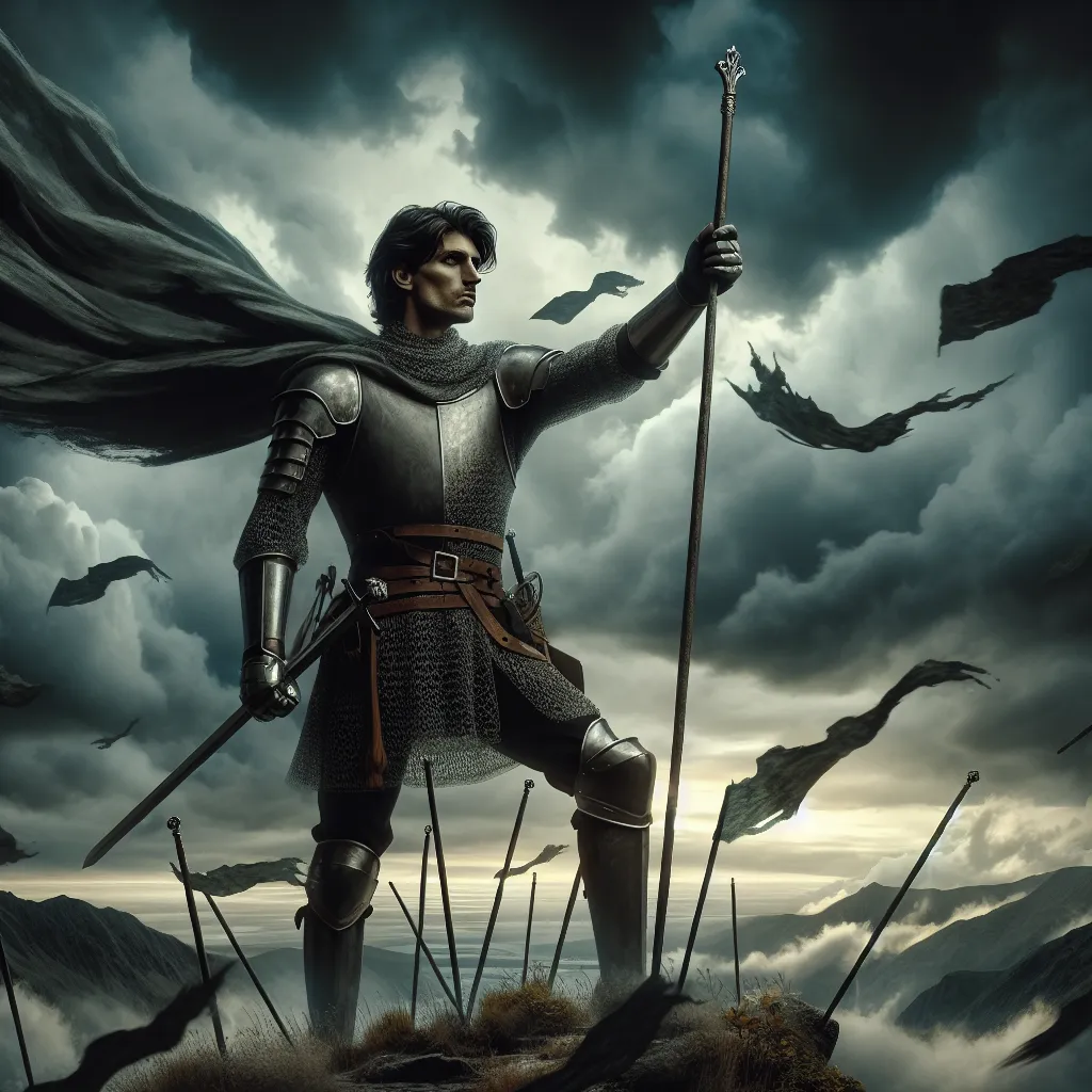 A single knight, of South Asian descent and male gender, is stationed on top of a hill. He is holding up his wand with fierce determination. His face is stoic, an embodiment of strength and resolve. The atmosphere around him is charged as a storm slowly begins to approach, casting an ominous shadow over the landscape. Shreds of heavy clouds dance around, harbingers of the impending tempest. He stands unyielding, a strong figure against the turbulent backdrop. This scene represents the 'Seven of Wands' tarot card which symbolizes bravery, defiance and perseverance.