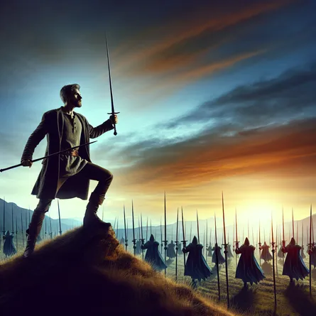 Create an image of a determined warrior standing atop a hill, holding a wand defensively against a number of opposing wands below. The warrior is of indeterminate gender, clad in simple, medieval-style clothing, with a fierce, stoic expression. The setting is an open landscape at dawn, with a vibrant sky transitioning from night to day, symbolizing resilience and the dawn of new challenges. The scene should convey a sense of courage, perseverance, and defiance in the face of adversity, with a focus on the warrior's strong stance and readiness.