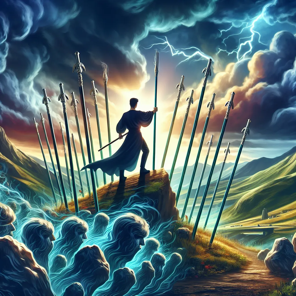 Create a dynamic and vibrant illustration of the Seven of Wands tarot card. The scene should depict a courageous figure standing on higher ground, defending themselves against multiple wands below. The hero should appear resilient and determined, holding one wand firmly, showcasing a sense of inner strength and confidence. The setting should have dramatic lighting, symbolizing the conflict and the clarity of purpose. Include backgrounds of rolling hills and a sky transitioning from stormy to clear, suggesting overcoming adversity with personal power.