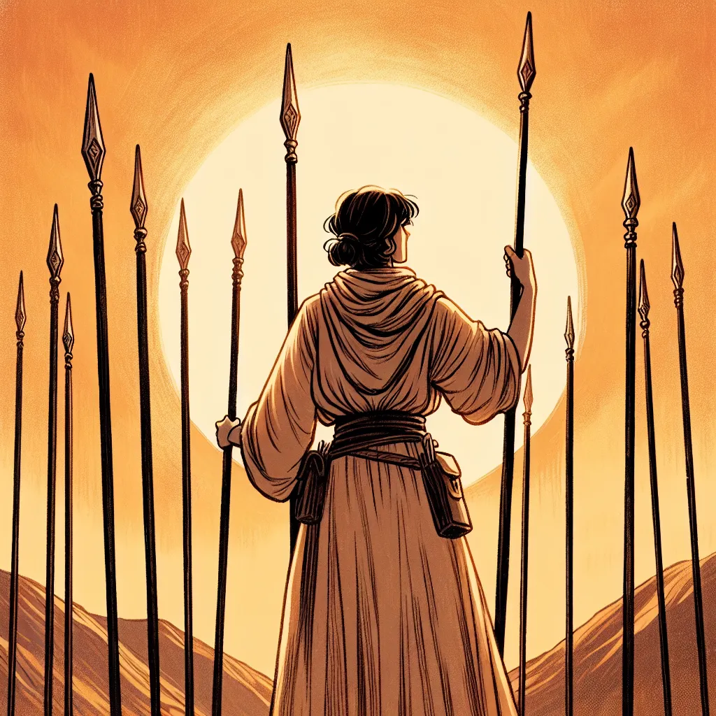 Illustration of a determined Middle-Eastern female warrior standing on a hilltop, holding a single wand defiantly against a backdrop of multiple wands pointing upwards towards them. The scene is engulfed in a warm, golden sunset that highlights the resilience and courage of the figure. The warrior wears simple, slightly medieval attire, embodying the spirit of strength and steadfastness. Capture a sense of calm determination and preparedness in the character's expression. This prompt focuses on capturing the essence of the Seven of Wands through its classical imagery while also emphasizing the feelings of resilience and determination inherent in the card's meaning.