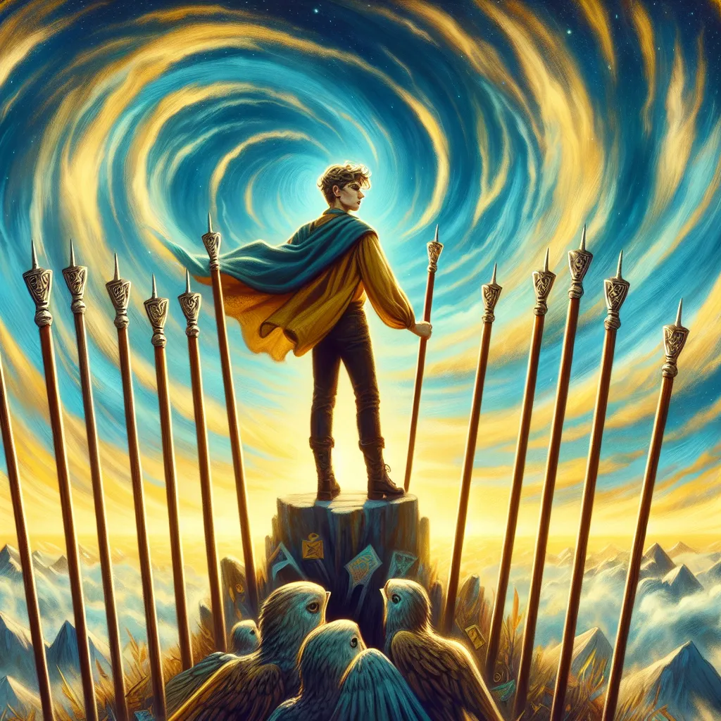 Create an artistic depiction of the Seven of Wands tarot card. The scene shows a determined individual standing atop a hill, holding a wand defensively against six other wands pointed towards them. The sky is a swirling mix of vibrant blues and soft golds, suggesting resilience and courage amidst challenges. The individual displays a look of steadfast determination and inner strength. The surrounding landscape should convey a sense of conflict and perseverance, embodying themes of valor and resistance portrayed in a classic, mystical tarot style.