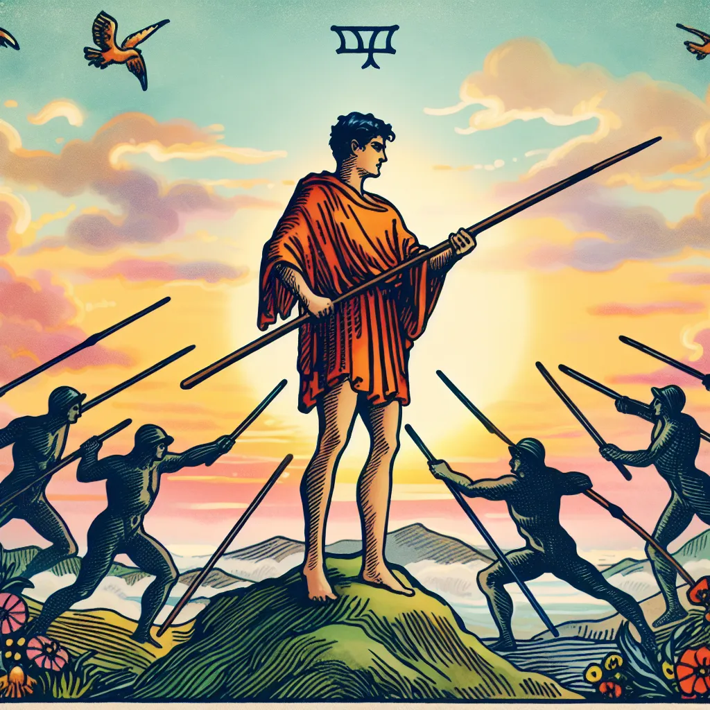 Create an image of the Seven of Wands tarot card: A determined figure stands atop a hill, wielding a wand defensively against multiple unseen opponents. The background shows a serene landscape with a dawn sky, symbolizing hope and persistence. The figure's expression is one of courage and resilience, embodying the stoic philosophy of facing challenges head-on. Use vibrant colors to capture a sense of energy and movement, reflecting the inner strength and perseverance required to stand one's ground.