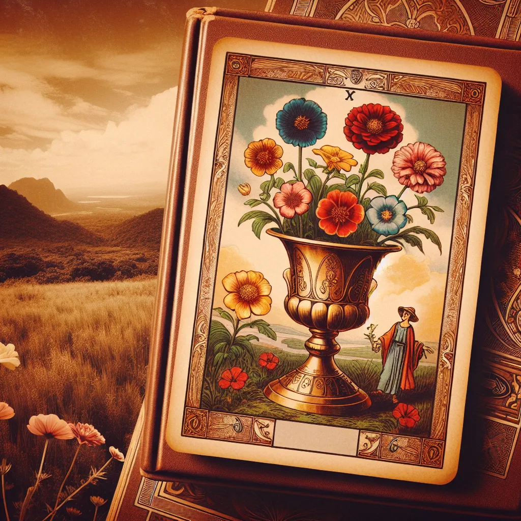 Picture a large, ornate, golden chalice. It's full to the brim with six vibrantly blooming flowers, two of each color: red, blue, and yellow. This scene is set against a backdrop imbued with a familiar, vintage sepia filter that adds a heavy dose of nostalgia to the image. Fade into the far distance, capturing a scenic landscape, lush, and verdant. A small, open, leather-bound journal is presented at the front of the image, illustrating the concept of learning represented in the Six of Cups. There's also a subtle silhouette of two children — one East Asian girl and one Caucasian boy — sharing a moment of joy, reminding viewers of the symbolic essence of this tarot card.