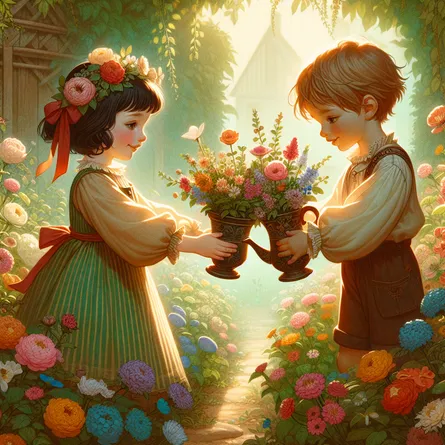 An idyllic garden scene with two children, a Caucasian boy and a Black girl, exchanging cups filled with blooming flowers. They should be dressed in whimsical, old-fashioned clothing, reinforcing the vintage aesthetic of the illustration. The garden around them is lush and green, filled with a variety of vibrant flowers. Their expressions are joyful and their body language suggests a sincere sense of friendship and generosity. The entire scene is bathed in soft, warm sunlight, giving the image a dreamy and nostalgic atmosphere. A subtle hint of a vintage filter is applied to underline the timeless quality of the scene.