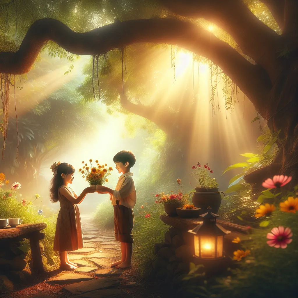 A serene garden setting with two children gently exchanging flower-filled cups. One child is smiling warmly while handing a cup of flowers to the other, under a golden sunlight filtering through lush tree branches. The scene evokes a sense of nostalgia and innocence, with vivid flowers, lush greenery, and an old stone path reminiscent of fairy-tale landscapes. The atmosphere should be peaceful and heartwarming, capturing the essence of childhood joy and simple pleasures.