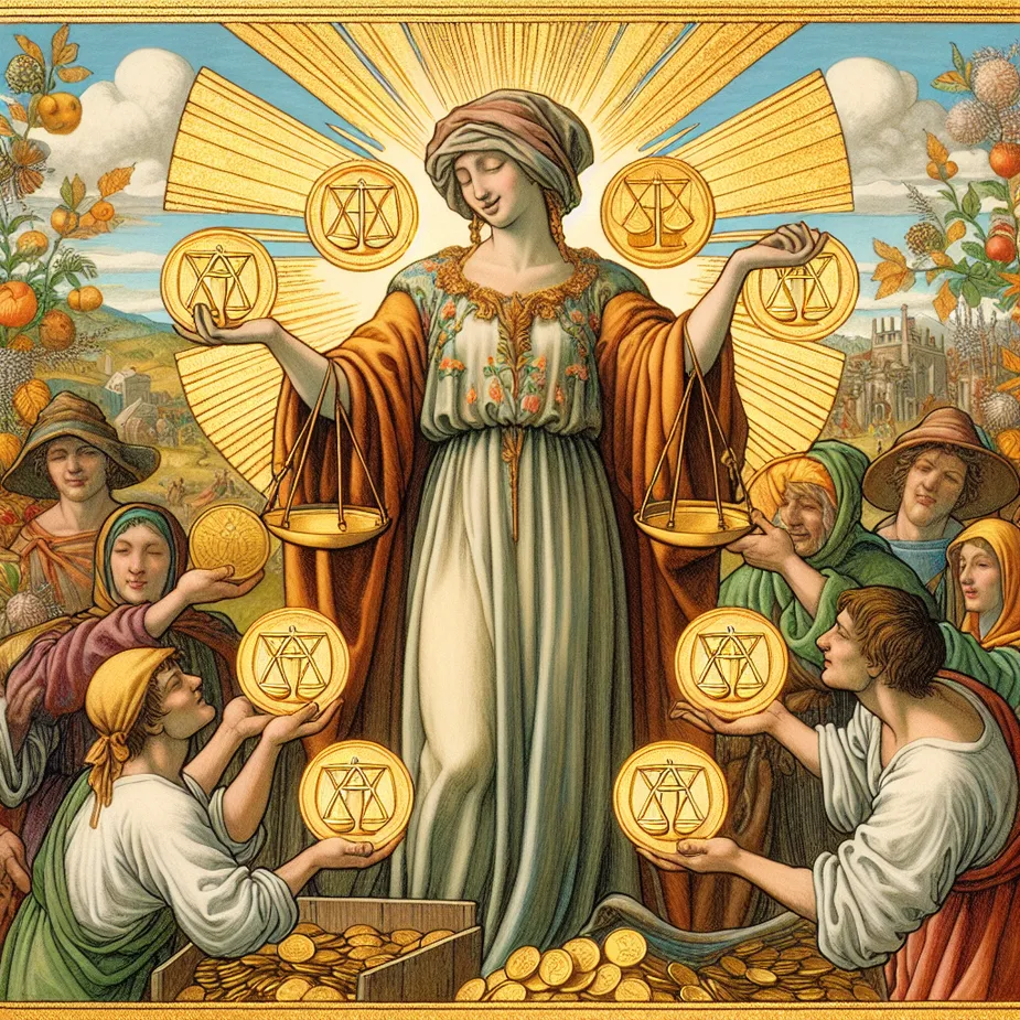 Create a symbolic representation of the Six of Pentacles card with a classical Renaissance painting style. The central figure should be compassionate and discerning, dressed in elegant attire of the period. They are holding a set of scales in one hand, a symbol of balance, while the other hand gracefully distributes six shining pentacles to humbler figures presenting their open hands. The background should feature imagery suggesting prosperity, perhaps a flourishing garden or a bustling town. The dominating colors should be bright earth tones that resonate with an aura of stability and warmth.