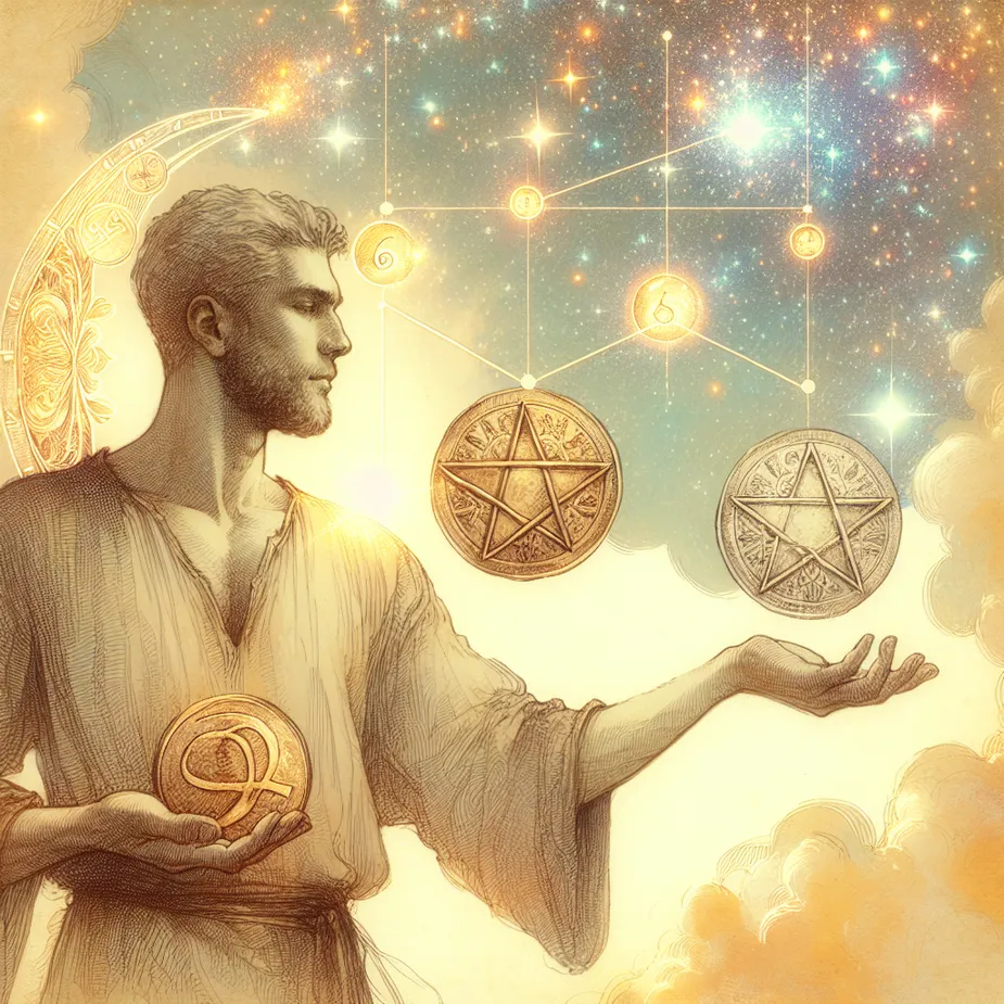 Create an image showcasing a benevolent, open-handed man under a brightly speckled, star-filled sky. He is Caucasian and in a position that indicates equilibrium, holding two pentacle symbols, one raised and one lowered, illustrating a sense of balance between the acts of giving and receiving. Subtle elements of prosperity, abundance, and peace are interwoven throughout the scene, adding layers of richness and depth. The luminous, scattered stars above emit a calming, hopeful, and inspirational ambiance. In the softly sketched background, hint at references to the Tarot cards, specifically the Six and Two of Pentacles, capturing their essence subtly.