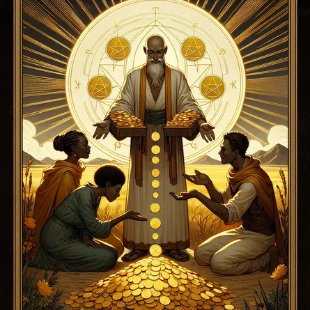 Create an illustration of the Six of Pentacles tarot card. The scene should depict a wise, benevolent figure standing, distributing coins to two figures knelt below them. The background should convey a sense of balance and abundance, with a warm, golden glow symbolizing generosity and the cycle of giving and receiving. The figures should represent diverse cultures - the benevolent figure should be a Hispanic gentleman, while the two figures below should be a Black woman and a South Asian man respectively. They should appear content and harmonious, reflecting the stoic philosophy of finding wealth in character and kindness. The overall style should be detailed and reminiscent of classic tarot card imagery.