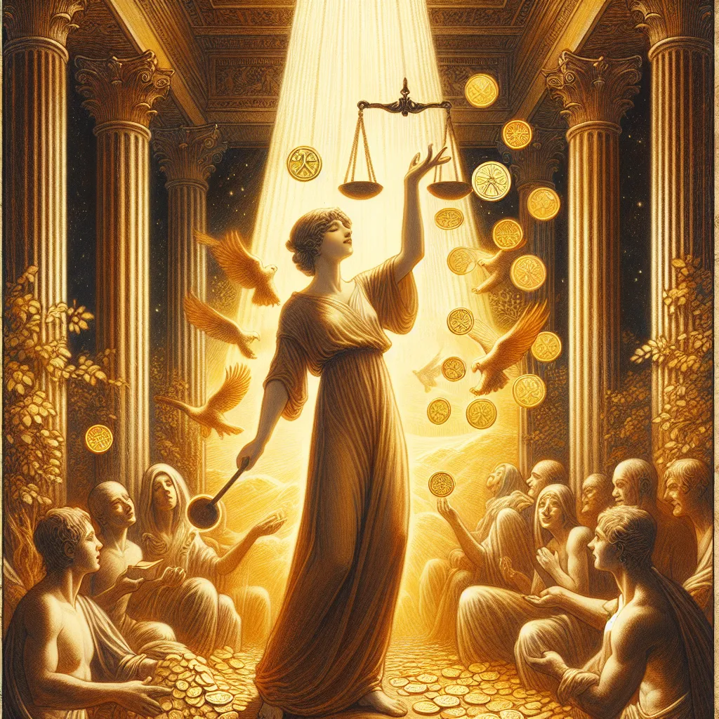 Create an illustration depicting the Six of Pentacles tarot card. Show a benevolent figure standing gracefully, holding a balanced scale in one hand while distributing coins with the other. The background is rich with symbolism of abundance and generosity, bathed in warm, golden light. The figure is surrounded by grateful recipients, representing balance and harmony in giving and receiving. The scene is classical and peaceful, evoking the nurturing energy of fairness and support.