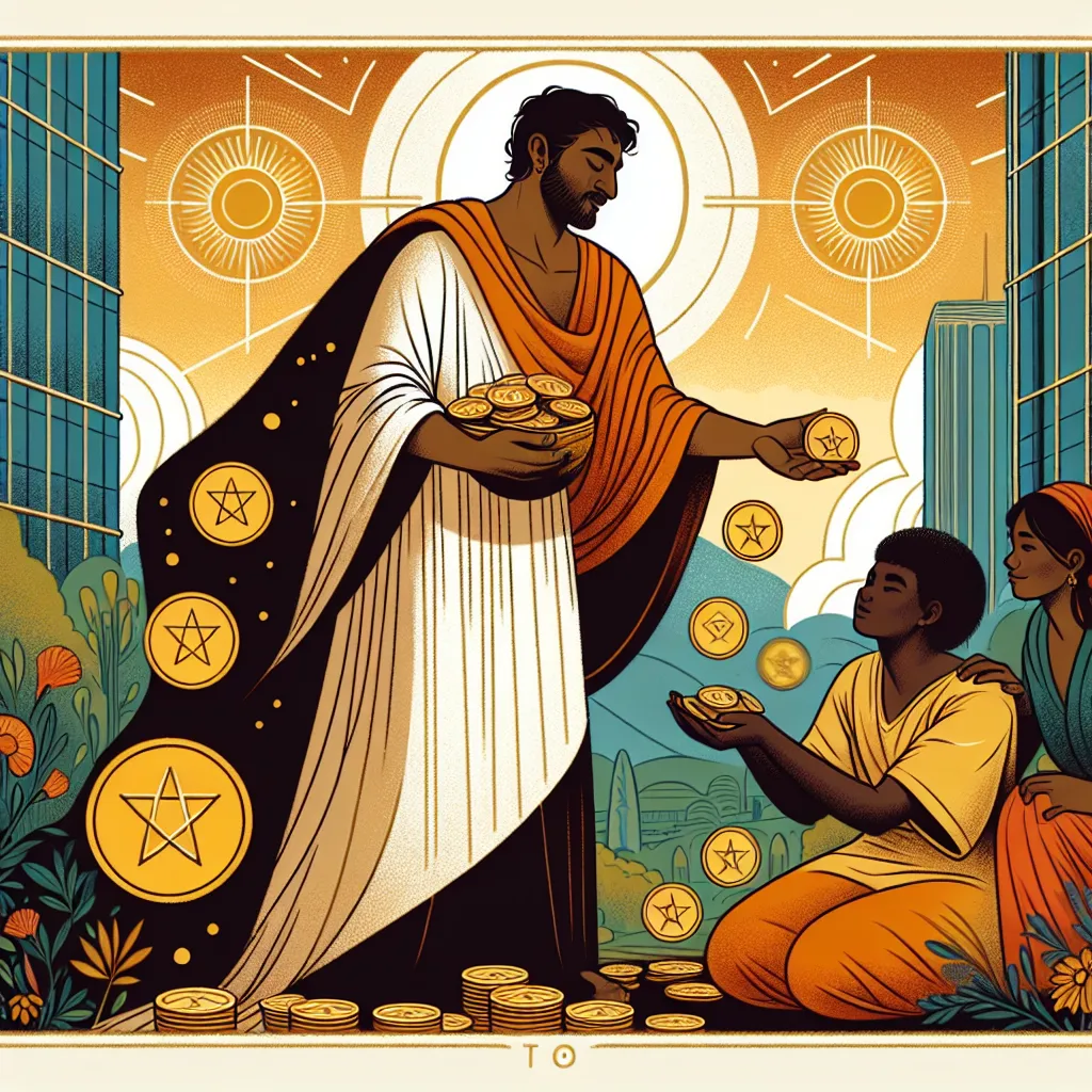 Create an image of the Six of Pentacles in a modern art style, depicting a benevolent figure in a flowing robe generously distributing coins to two individuals below. The figure giving out the coins is a Caucasian man in his middle ages, one of the recipients is a young Black woman and the other is a South Asian child. The scene should exude warmth and balance, with a backdrop of an urban landscape blending into nature, symbolizing the equilibrium between material wealth and natural abundance. Dotted throughout the scene, there are subtle symbols of the zodiac signs representing Libra and Taurus to depict balance and material security, and ensure the colors are rich and harmonious.
