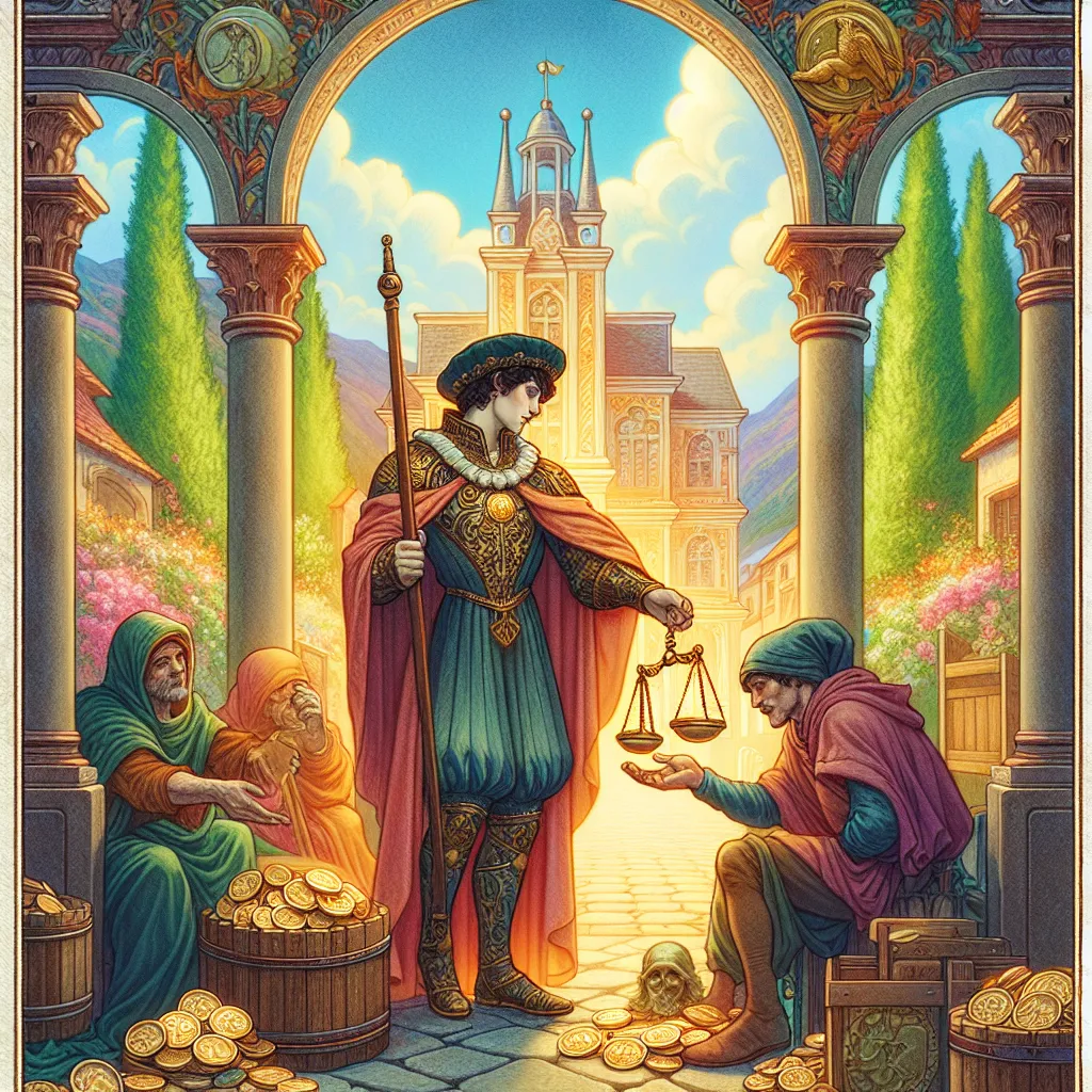Create an illustration of a scene capturing the essence of the Six of Pentacles tarot card. Depict a figure dressed in renaissance attire standing in the center, holding a scale in one hand while distributing coins to two figures in need. The background is a vibrant town square filled with greenery and stone architecture. The scene should emphasize themes of balance, generosity, and the cycle of giving and receiving. The lighting should be warm and inviting, symbolizing abundance and fairness.
