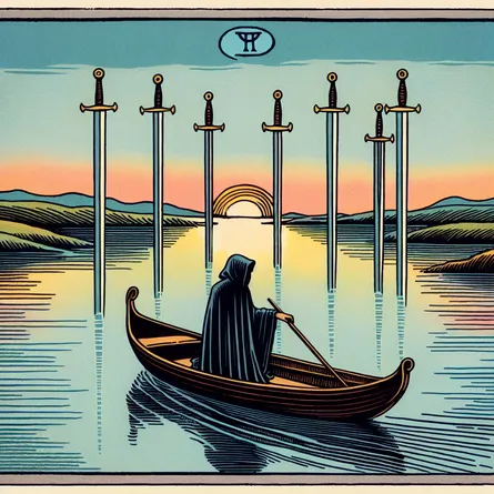 An elegant depiction of the Six of Swords tarot card, showcasing a serene river scene with a small boat moving smoothly across calm waters. In the boat, a hooded figure guides a cloaked passenger towards the horizon, with six swords arranged behind them. The sky is painted with gradients of dusk, transitioning from light blue to deep orange, symbolizing a journey from darkness to light. The surrounding landscape features distant, gentle hills, suggesting tranquility and new beginnings.