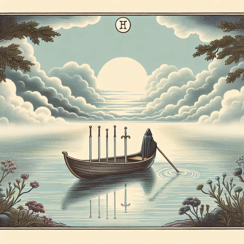Illustrate a serene tarot card scene featuring the Six of Swords. Depict a gentle, misty river with a small wooden boat gliding across the water. In the boat, include a cloaked figure guiding the vessel with a long oar, accompanied by a few swords standing upright in the boat. The distant horizon shows a transition from stormy clouds to clear skies, symbolizing a journey from turmoil to tranquility. Capture the essence of calmness, reflection, and hope as the boat moves steadily toward a brighter shore.