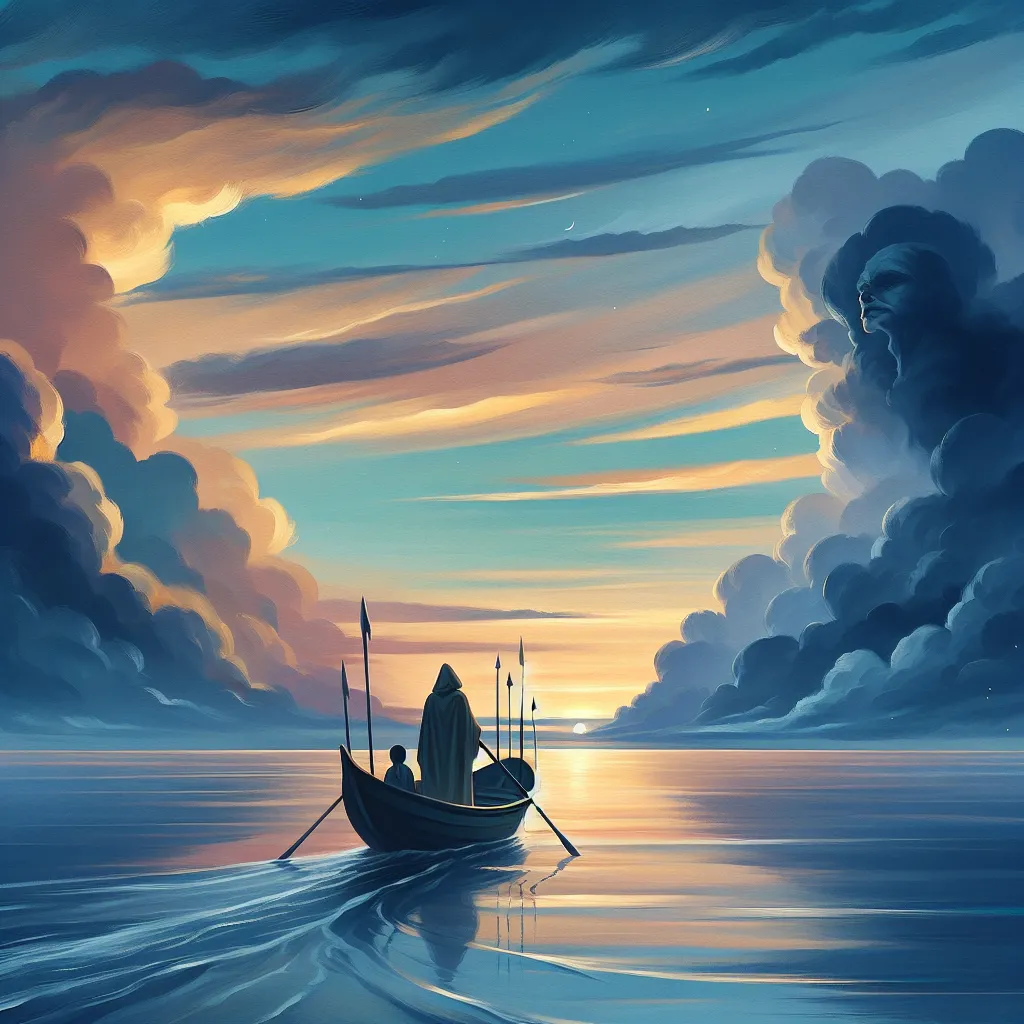 Illustrate a serene nautical scene that captures the essence of transition and hope. The image should include a small boat gently gliding across calm waters, under a softly painted sky at either dawn or twilight. In the boat, depict a cloaked figure and a child moving away from a silhouette of stormy clouds towards a horizon that suggests peace and new beginnings. The boat should be adorned with six upright swords, symbolizing protection and the journey from turbulence to tranquility. The overall mood should be contemplative and soothing, evoking a sense of journey and transformation.