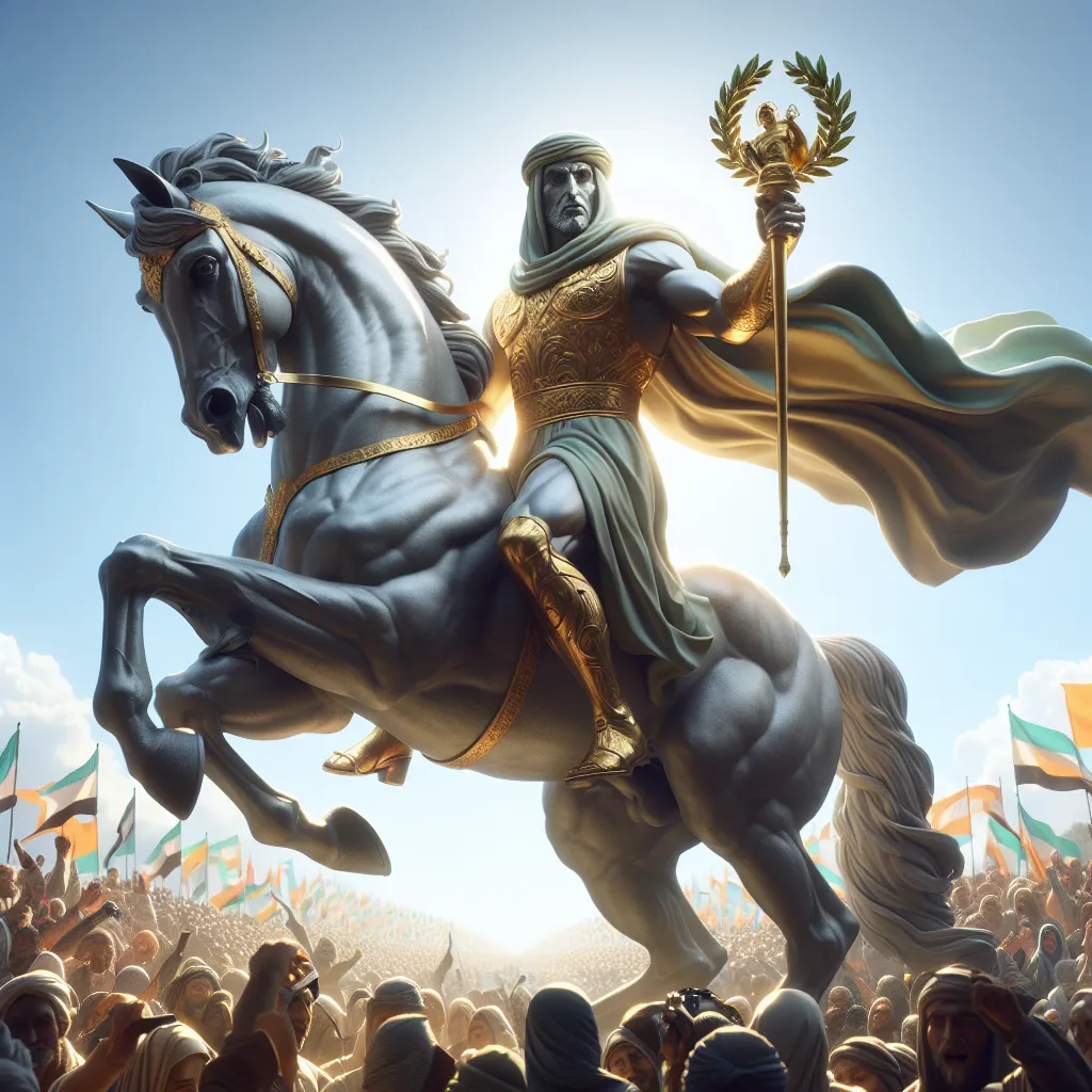 Craft an evocative image of a heroic figure of Middle-Eastern descent and male gender proudly mounted on a dapple grey stallion, clutching a gleaming golden wand embellished with an olive victory wreath. The figure stands in strong contrast to the vibrant, jovial crowd of diverse descent and mixed genders, washed in the radiant glow of a sunny day. Our hero is caught in a focused shaft of sunlight, accentuating his imposing demeanor. The boundless, azure sky overhead serves as a powerful symbol of victory and accomplishment. This figure encapsulates an aura of unwavering confidence, incandescent success and widespread recognition.