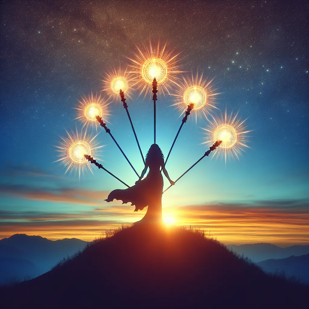 Generate an image of a triumphant Middle-Eastern female figure, standing with six radiantly illuminated wands against a dawn sky. The early rays of the sun create a silhouette of the figure, radiating a sense of victory or accomplishment. This scene captures the epitome of triumph after overcoming significant challenges.