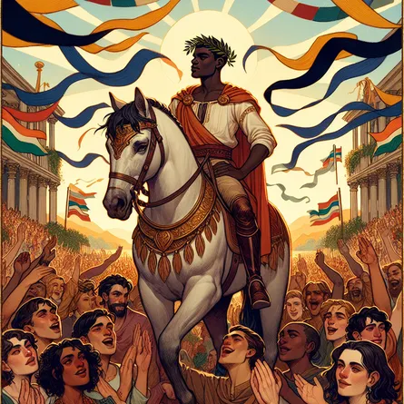 Depict a scene inspired by the concept of the Six of Wands tarot card. Illustrate a triumphant, South Asian male figure, confidently riding atop a horse through a cheering crowd of a mix of Hispanic, Middle Eastern, and Black people. The figure on the horse has a laurel wreath on his head, a symbol of victory and achievement. The image should emit a celebratory atmosphere, including vibrant banners waving in the background. Ensure the character has an expression of humble pride and quiet satisfaction, reflecting stoic appreciation of success. Utilize a harmonious color palette with rich earth tones and splashes of gold to symbolize the positive energy and warmth of achievement.