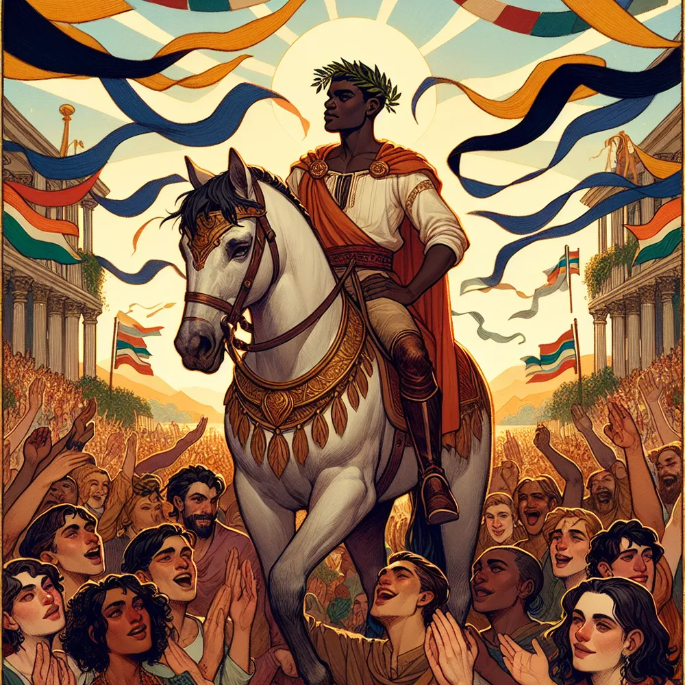 Depict a scene inspired by the concept of the Six of Wands tarot card. Illustrate a triumphant, South Asian male figure, confidently riding atop a horse through a cheering crowd of a mix of Hispanic, Middle Eastern, and Black people. The figure on the horse has a laurel wreath on his head, a symbol of victory and achievement. The image should emit a celebratory atmosphere, including vibrant banners waving in the background. Ensure the character has an expression of humble pride and quiet satisfaction, reflecting stoic appreciation of success. Utilize a harmonious color palette with rich earth tones and splashes of gold to symbolize the positive energy and warmth of achievement.