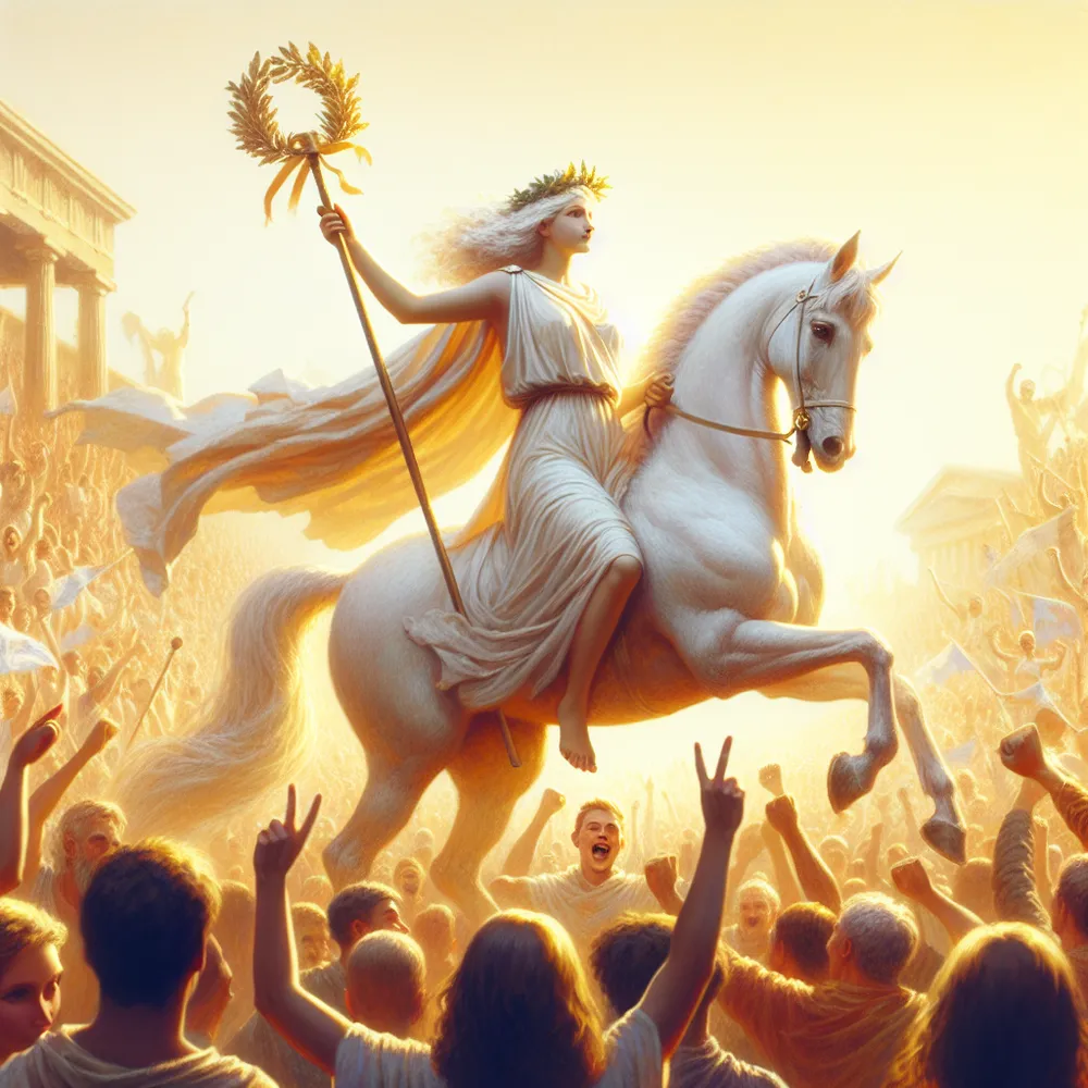 Create an image of a triumphant figure riding a majestic white horse through a jubilant crowd. The figure, wearing a laurel crown and holding a staff adorned with a victory wreath, exudes confidence and pride. The scene is festive, with onlookers cheering in bright attire. The ambiance is uplifting, capturing the essence of celebration and achievement under a warm, golden sky.