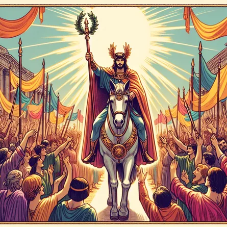Create an illustration of the Six of Wands tarot card. Depict a triumphant figure riding a horse through a celebratory crowd, holding a wand crowned with a laurel wreath. The setting is lively and vibrant, reflecting victory and public recognition. The crowd is cheering with bright banners in a sunny environment, capturing a sense of accomplishment and glory. The attire of the central figure combines classical and mystical elements, symbolizing leadership and achievement.