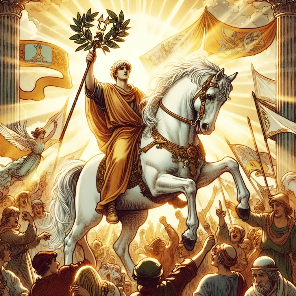 A victorious rider on a white horse, holding a wand adorned with laurel leaves, rides through a jubilant crowd. The scene is bathed in golden sunlight, symbolizing triumph and recognition. The rider exhibits a sense of humility and pride, reflecting a stoic character. Elements of classic tarot imagery like banners and cheering onlookers fill the background, capturing a sense of accomplishment and communal joy.