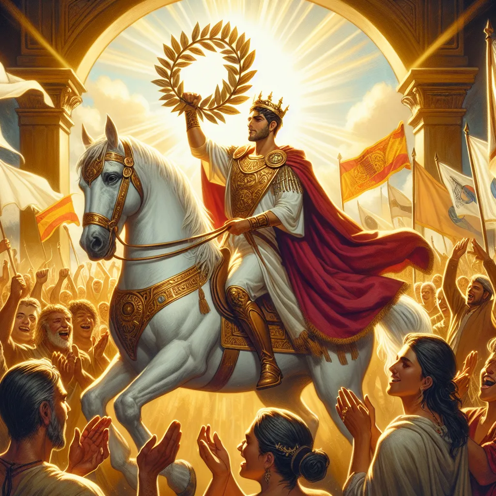 Create an image depicting a victorious Caucasian male figure riding a white horse through a cheering crowd, holding a laurel wreath high. The scene is bathed in golden sunlight, symbolizing triumph and public recognition. The figure is adorned in regal attire, including a long flowing crimson robe and a crown, embodying the energy of the Six of Wands. The background shows a Hispanic woman and a Middle-Eastern man applauding and celebrating, with flags and banners waving. The atmosphere is joyful and filled with a sense of achievement and acknowledgement.