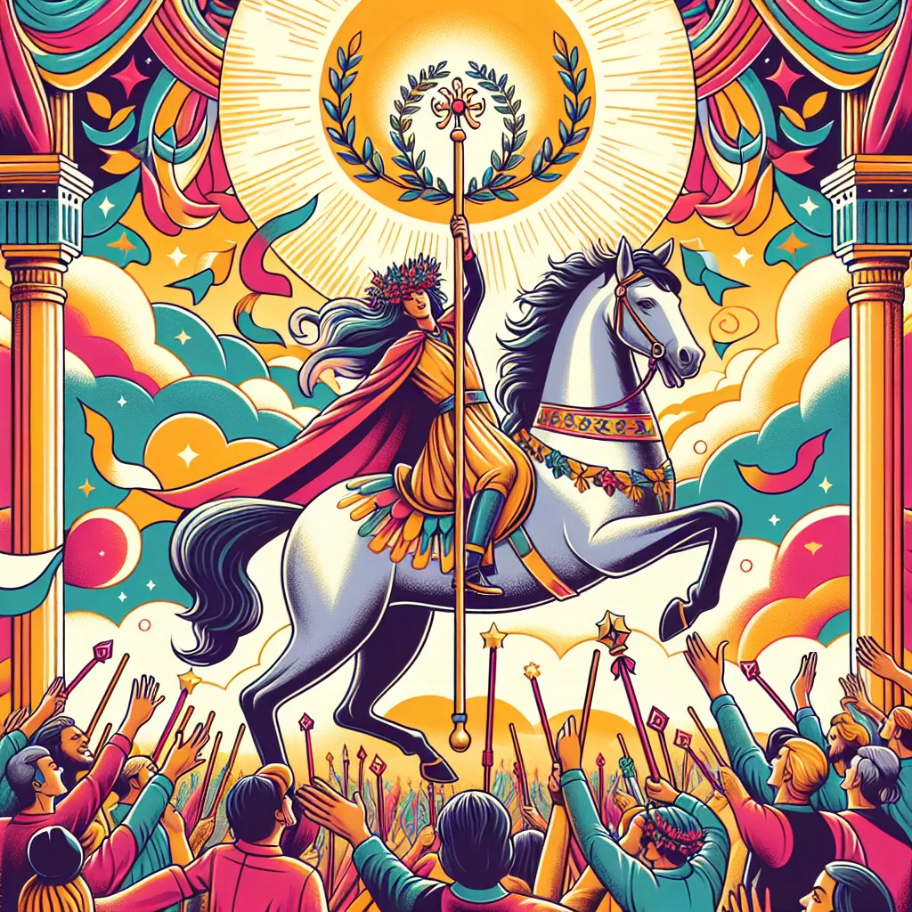 Create an image of the Six of Wands tarot card. Depict a triumphant figure in a vibrant, celebratory scene riding a horse. The figure is adorned with laurel wreaths, symbolizing victory and success. They hold a decorated wand upright, surrounded by an enthusiastic crowd cheering them on. The background is lively and colorful, conveying a sense of achievement and recognition. Include elements that reflect traditional tarot card style and imagery.