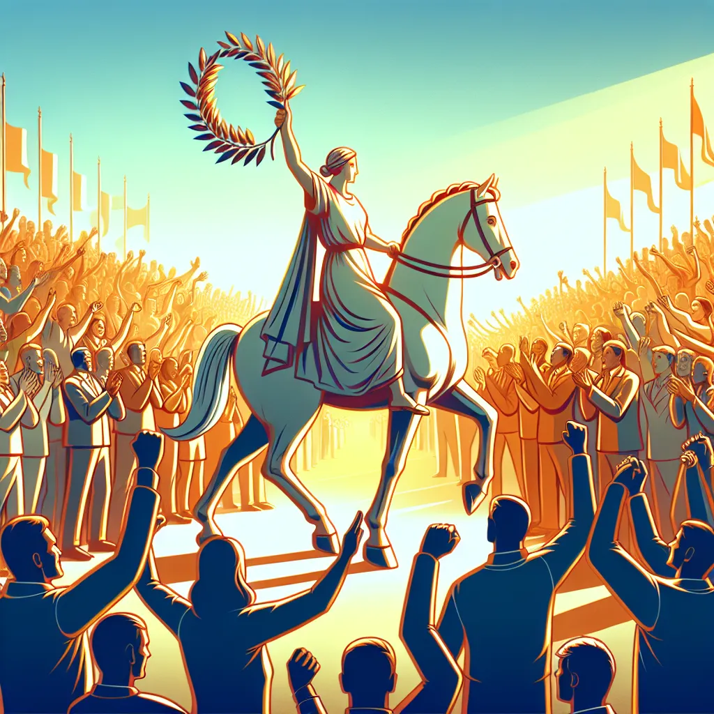 Create an image of a triumphant figure riding on horseback through a cheering crowd. The figure holds a laurel wreath high above their head, symbolizing victory and recognition. The crowd is diverse, conveying a sense of communal celebration and support. The scene is brightly lit, with warm colors to emphasize achievement and the joy of success. The background shows a clear sky, adding to the atmosphere of optimism and accomplishment.