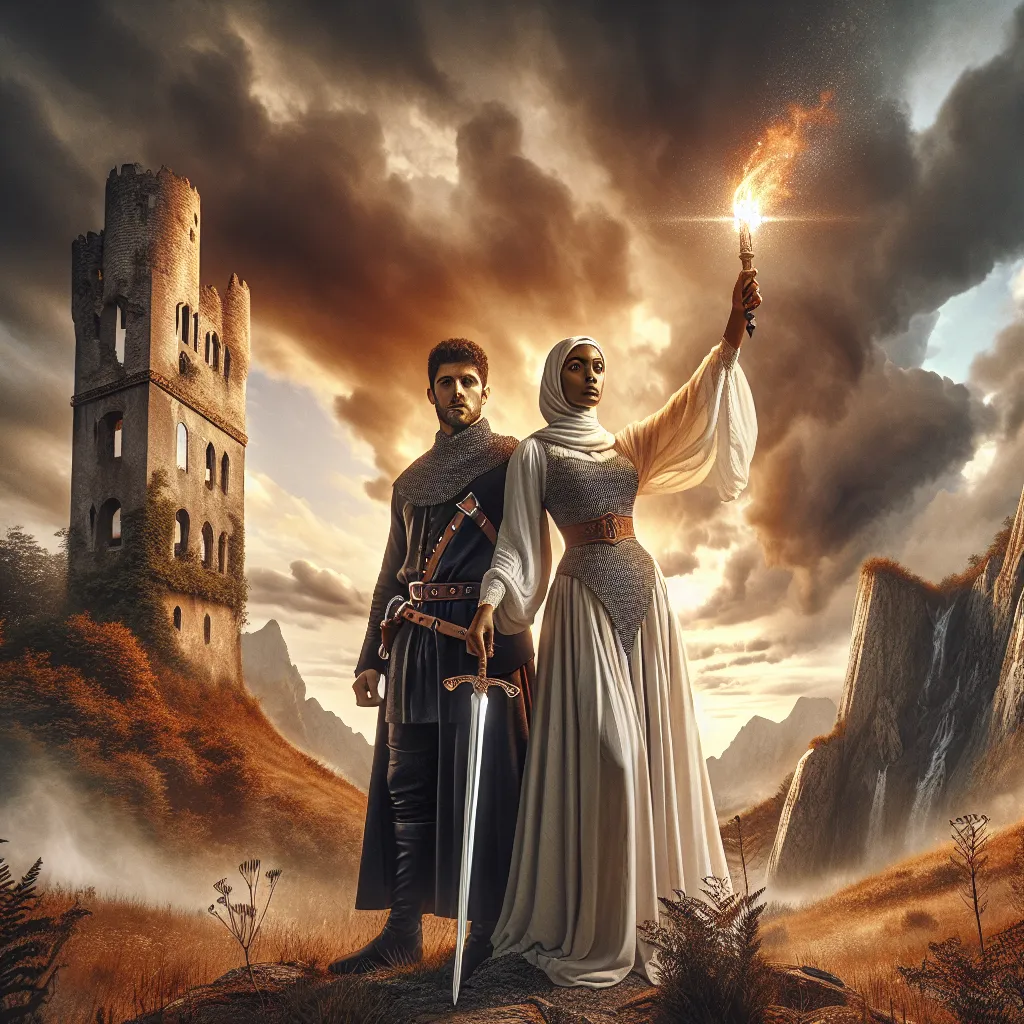 Visualize a scene featuring an interracial couple, where the Middle-Eastern woman stands powerfully in a nature-oriented landscape, while the Hispanic man holds a shimmering torch aloft, both against the backdrop of a dilapidated tower under a tumultuous sky. This scene subtly alludes to the Strength and The Tower tarot cards. Amidst the chaos, they appear tranquil and composed, embodying resilience and inner strength. The woman's other hand grips a finely-edged sword, symbolizing sharpness and precision, reminiscent of the Queen of Swords card. This image should provoke feelings of surmounting hardship and welcoming change.