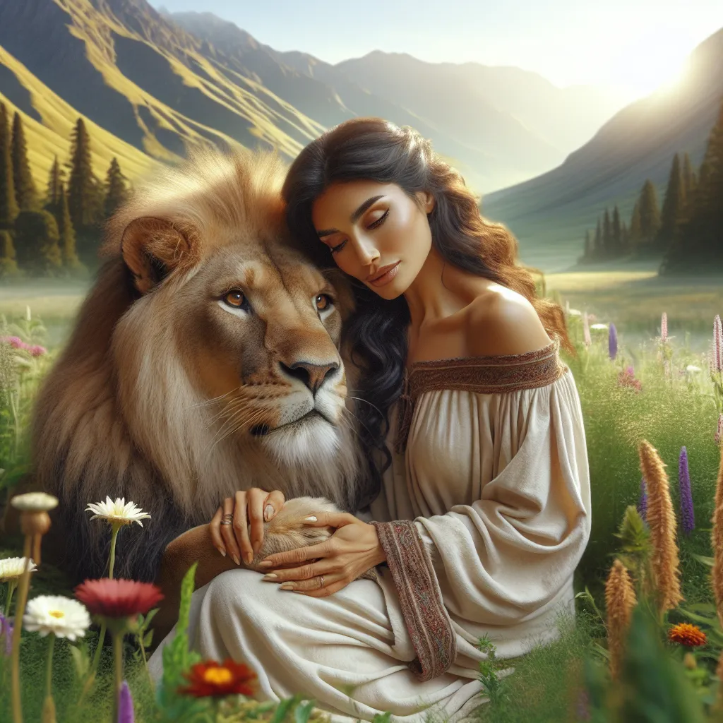 Create an image of a serene landscape where a gentle Hispanic woman with a calm expression is lovingly taming a majestic lion. The woman exudes inner strength and compassion, adorned in flowing robes with subtle, natural colors. The scene is set in a sunlit meadow surrounded by lush greenery and vibrant wildflowers, highlighting an atmosphere of harmony and tranquility. The lion appears regal and at ease beside her, symbolizing peace and mutual respect, with the distant mountains symbolizing her life's journey.