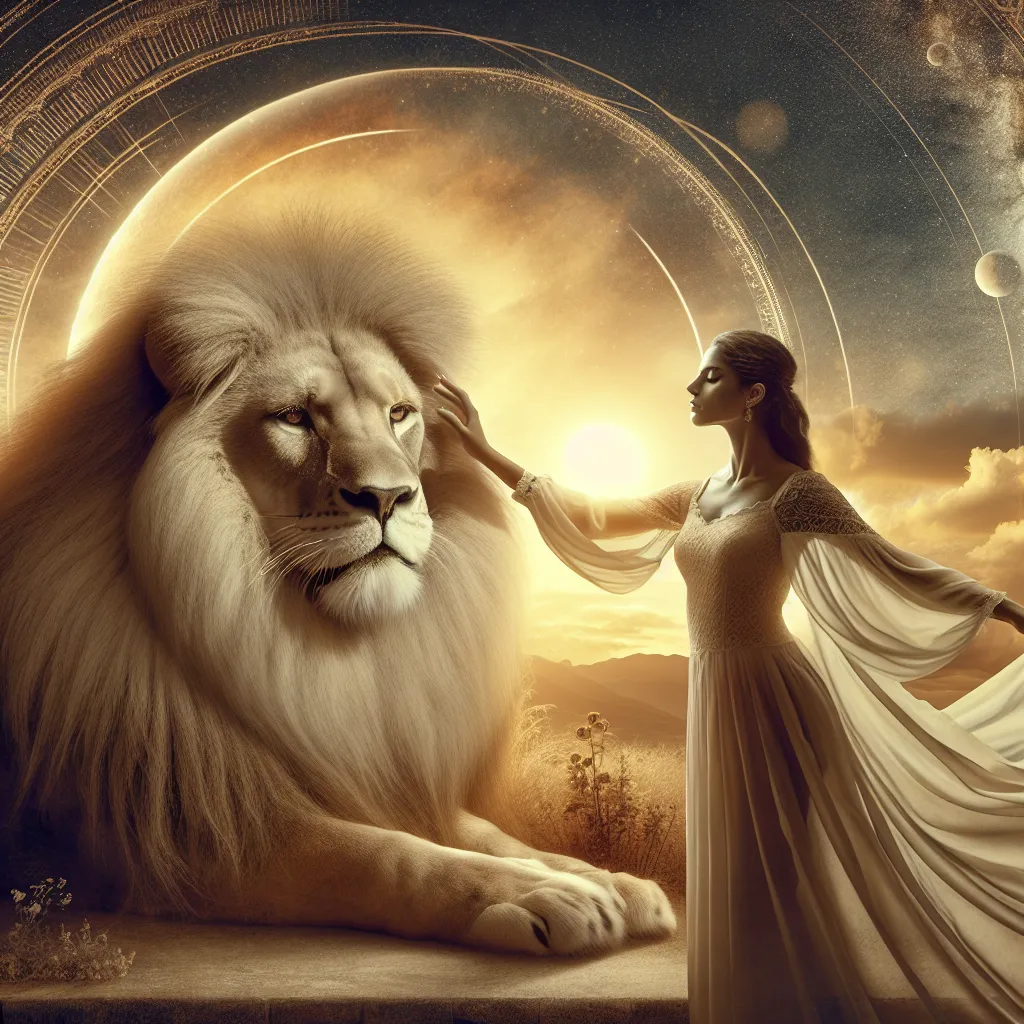 Create an image of a serene woman gently taming a powerful lion. The woman should exude grace and compassion, with an aura of calm strength. The setting is tranquil and harmonious, evoking a sense of balanced inner power. Include elements that symbolize courage, such as a golden sun setting in the background and soft, flowing fabric that suggests transparency and resilience. The lion should appear majestic and respectful, highlighting the theme of strength through empathy and understanding.